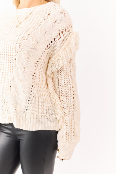 Cream Fringe Sleeve Cable Knit Pointelle Sweater