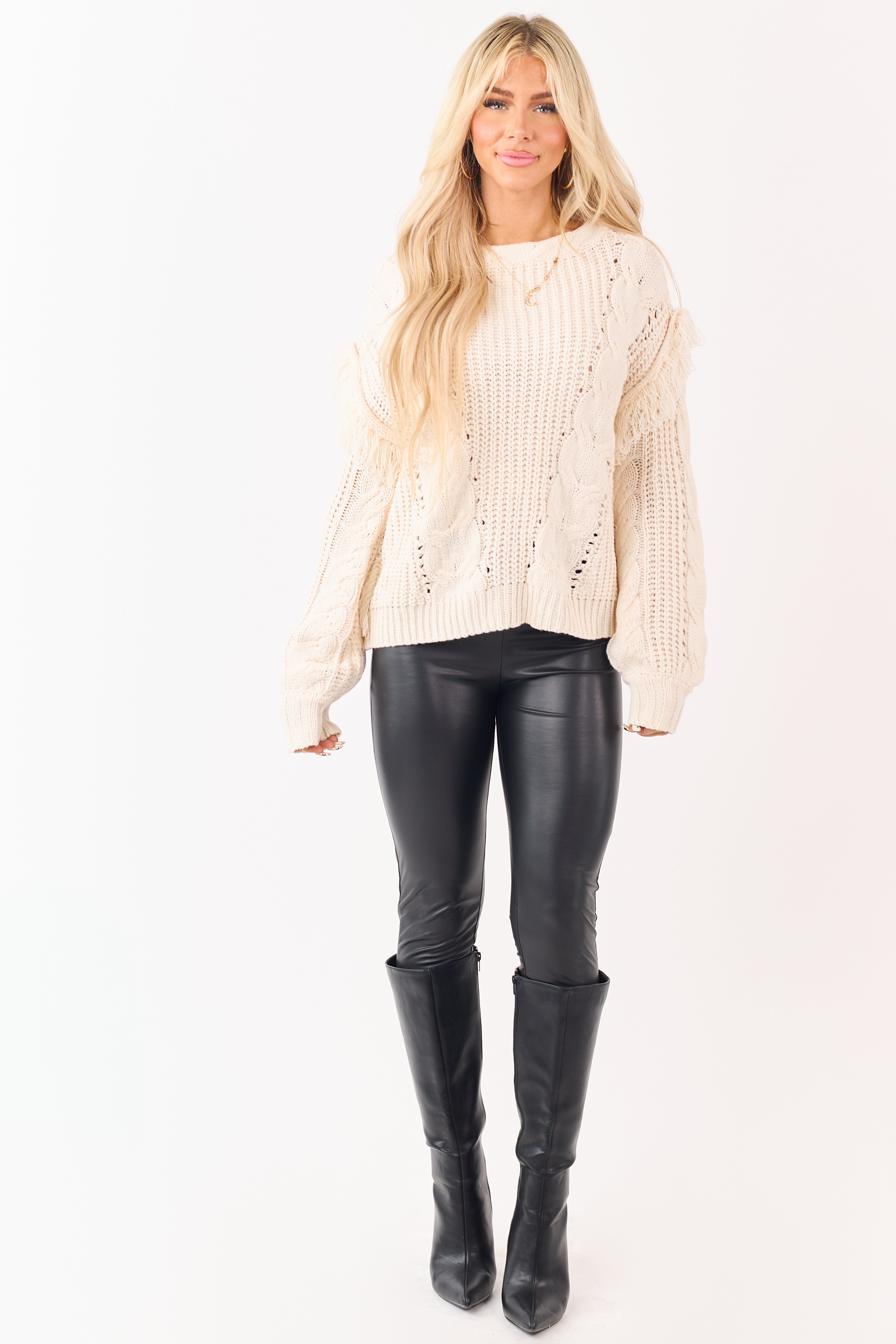 Cream Fringe Sleeve Cable Knit Pointelle Sweater