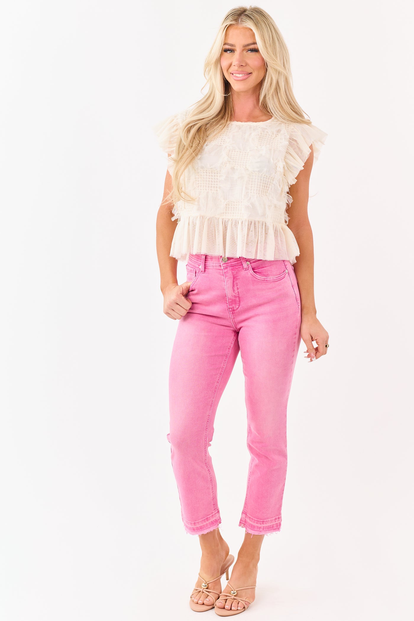 Cream Fringe Tulle Mesh Ruffle Trim Top