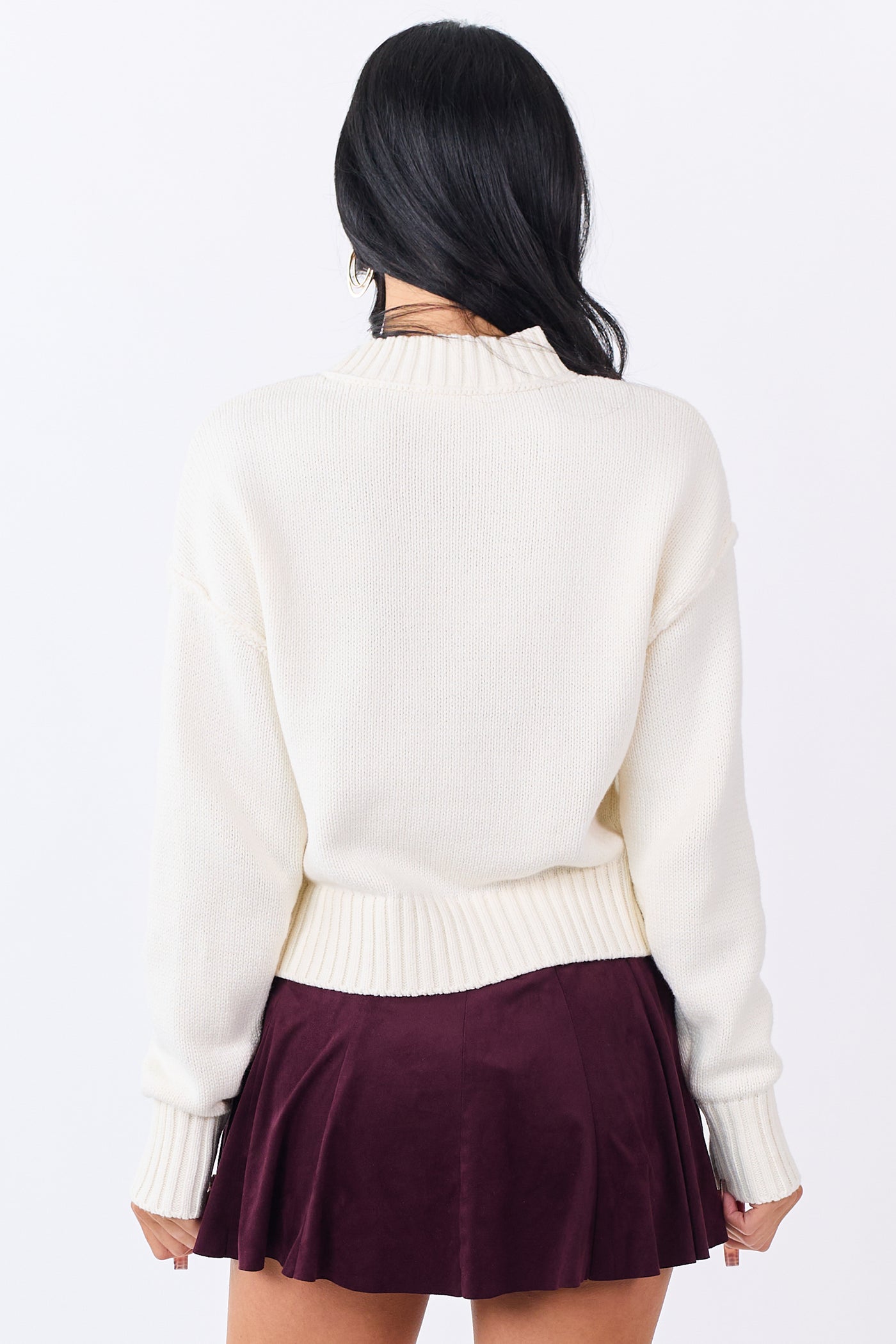 Cream Front Seam Rib Knit Long Sleeve Sweater