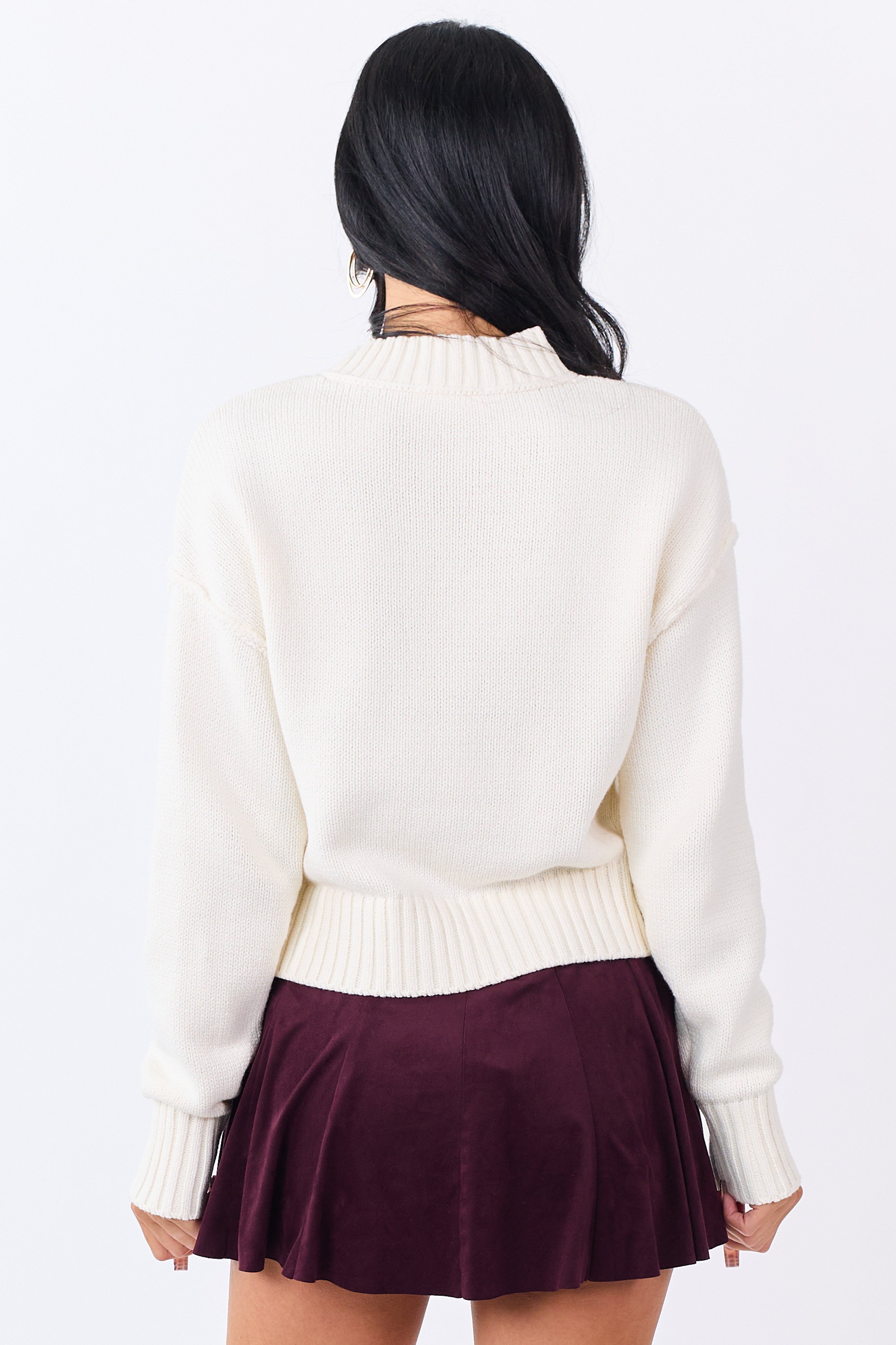 Cream Front Seam Rib Knit Long Sleeve Sweater