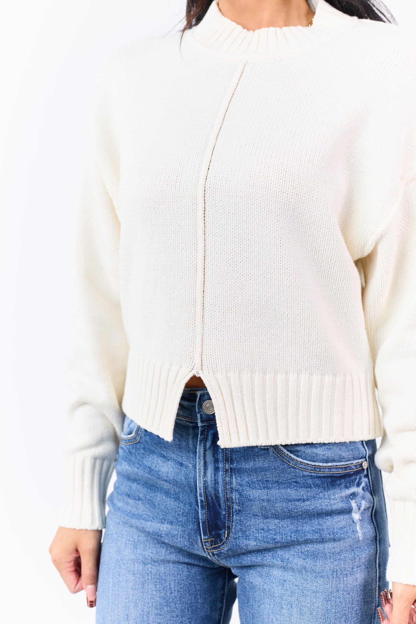 Cream Front Seam Rib Knit Long Sleeve Sweater