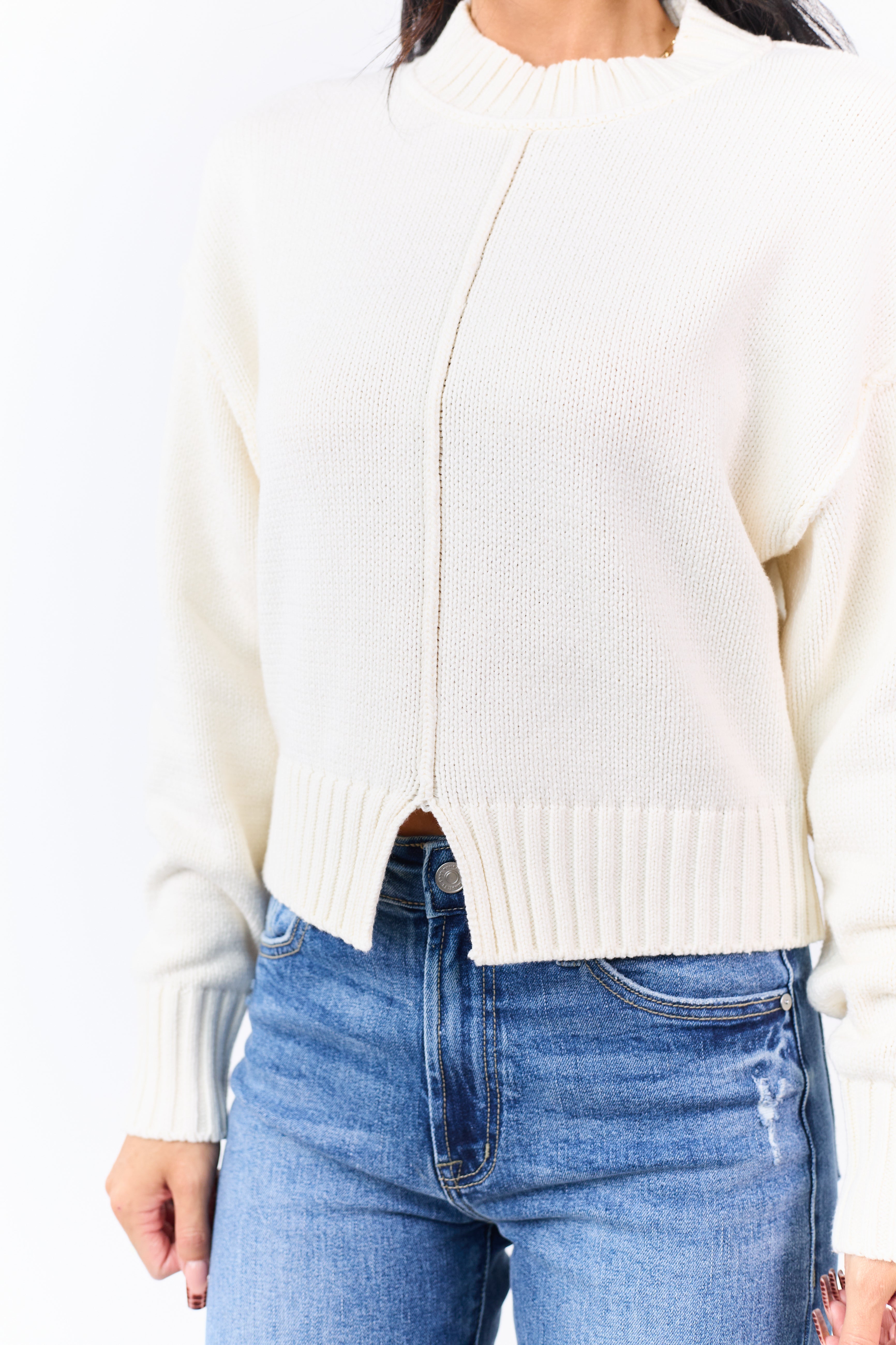Cream Front Seam Rib Knit Long Sleeve Sweater