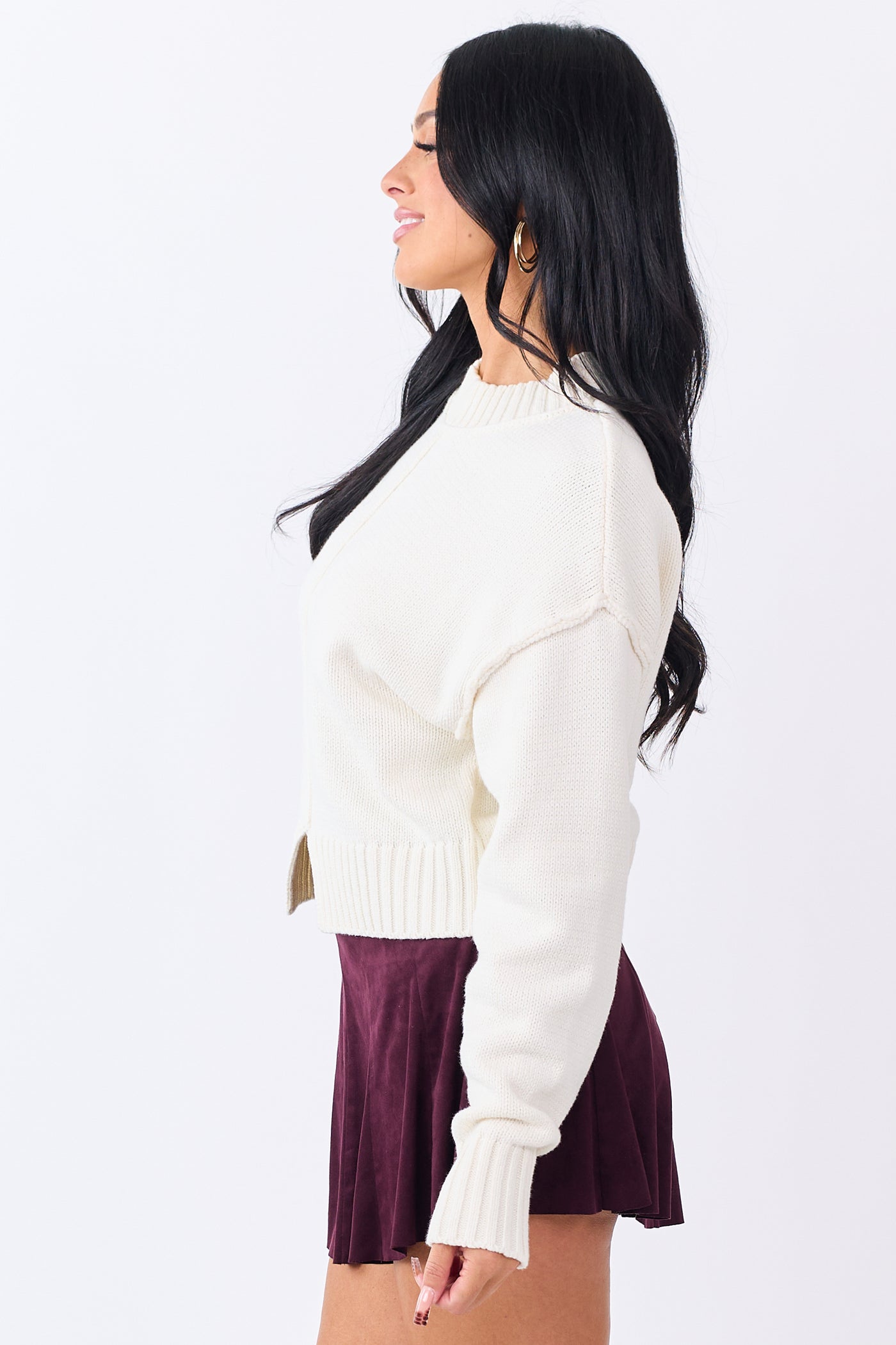Cream Front Seam Rib Knit Long Sleeve Sweater