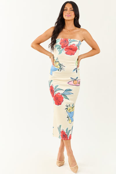 Cream Fruit and Floral Print Strapless Midi Dress