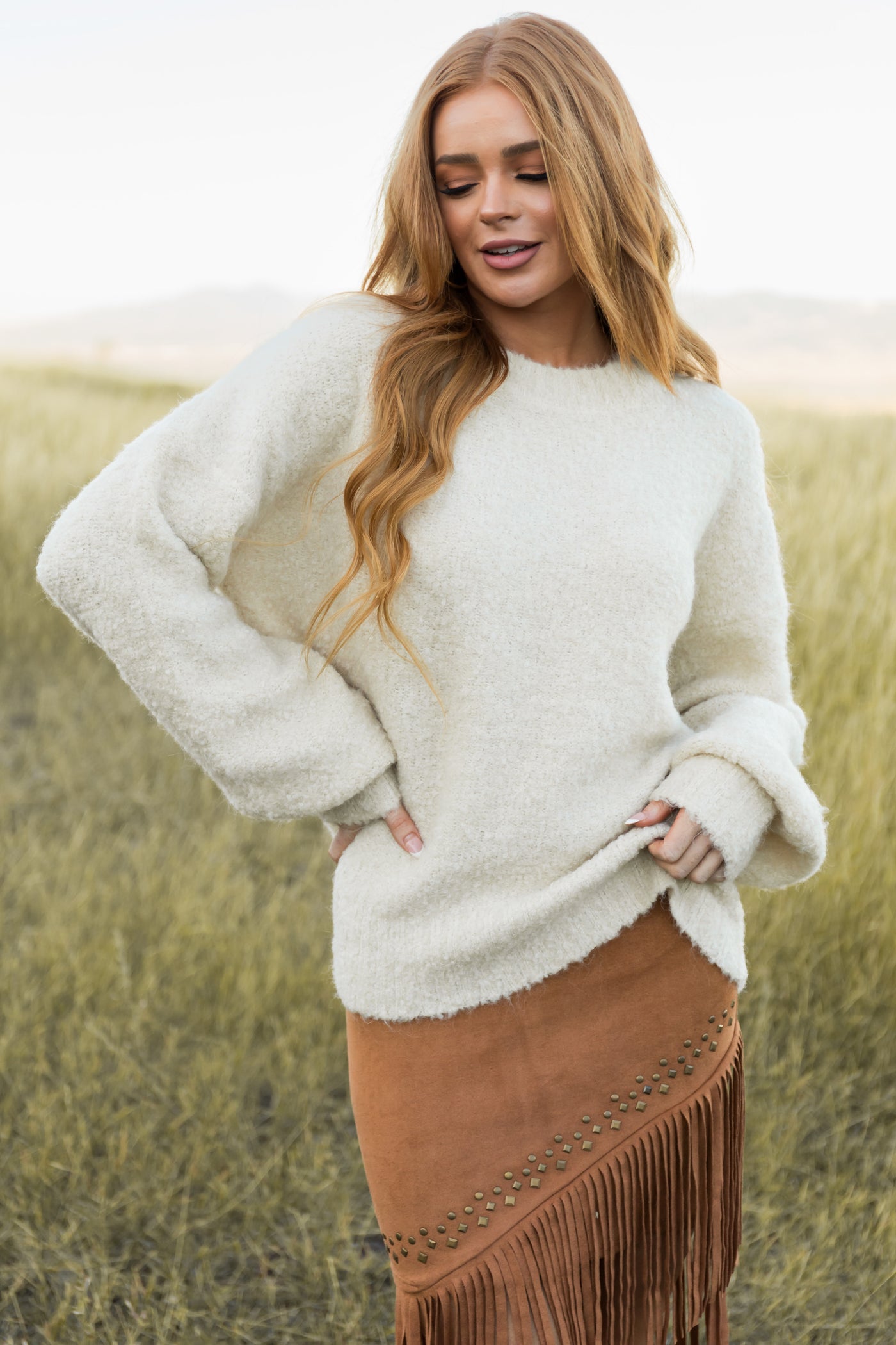 Cream Fuzzy Knit Cozy Bubble Sleeve Sweater