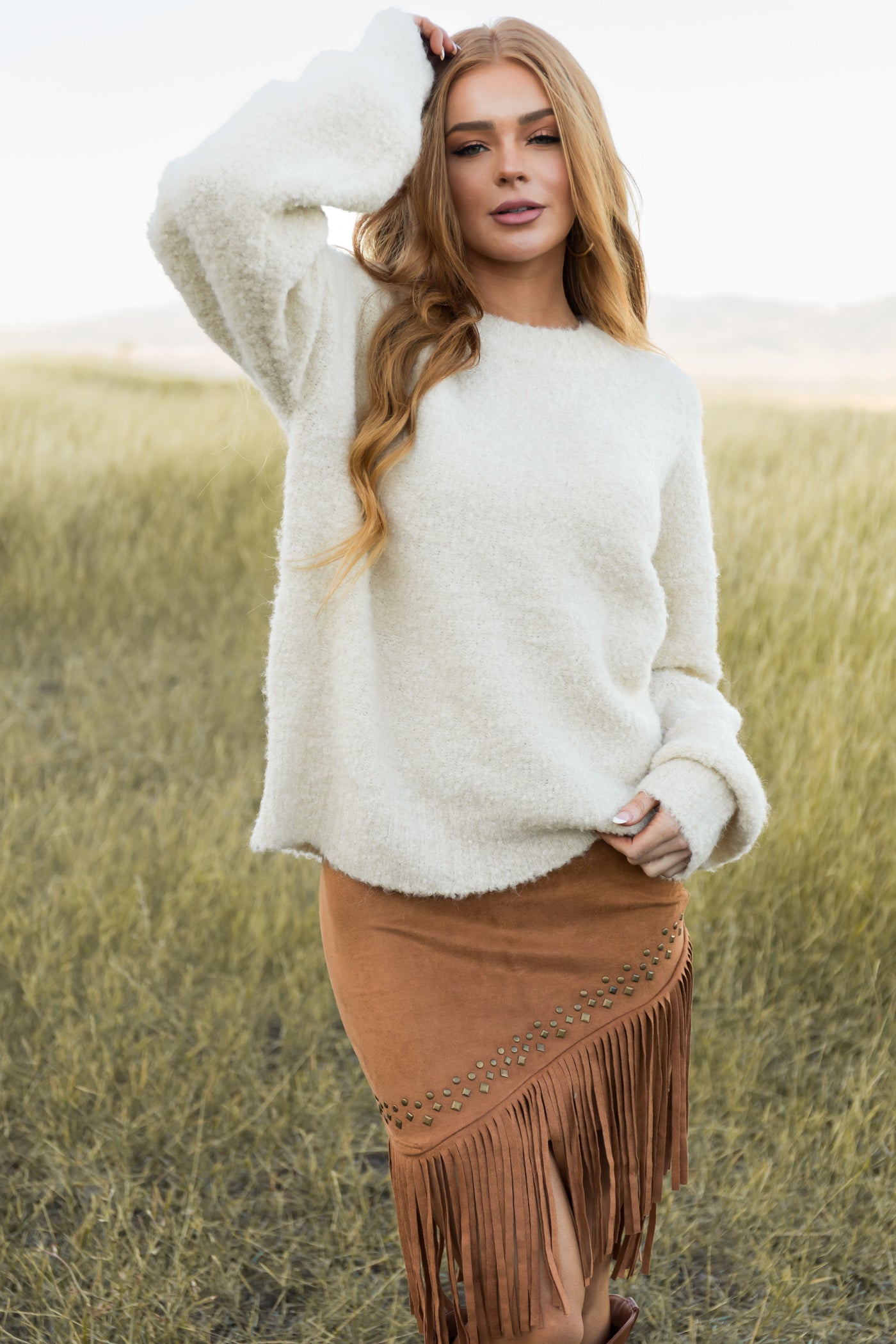 Cream Fuzzy Knit Cozy Bubble Sleeve Sweater