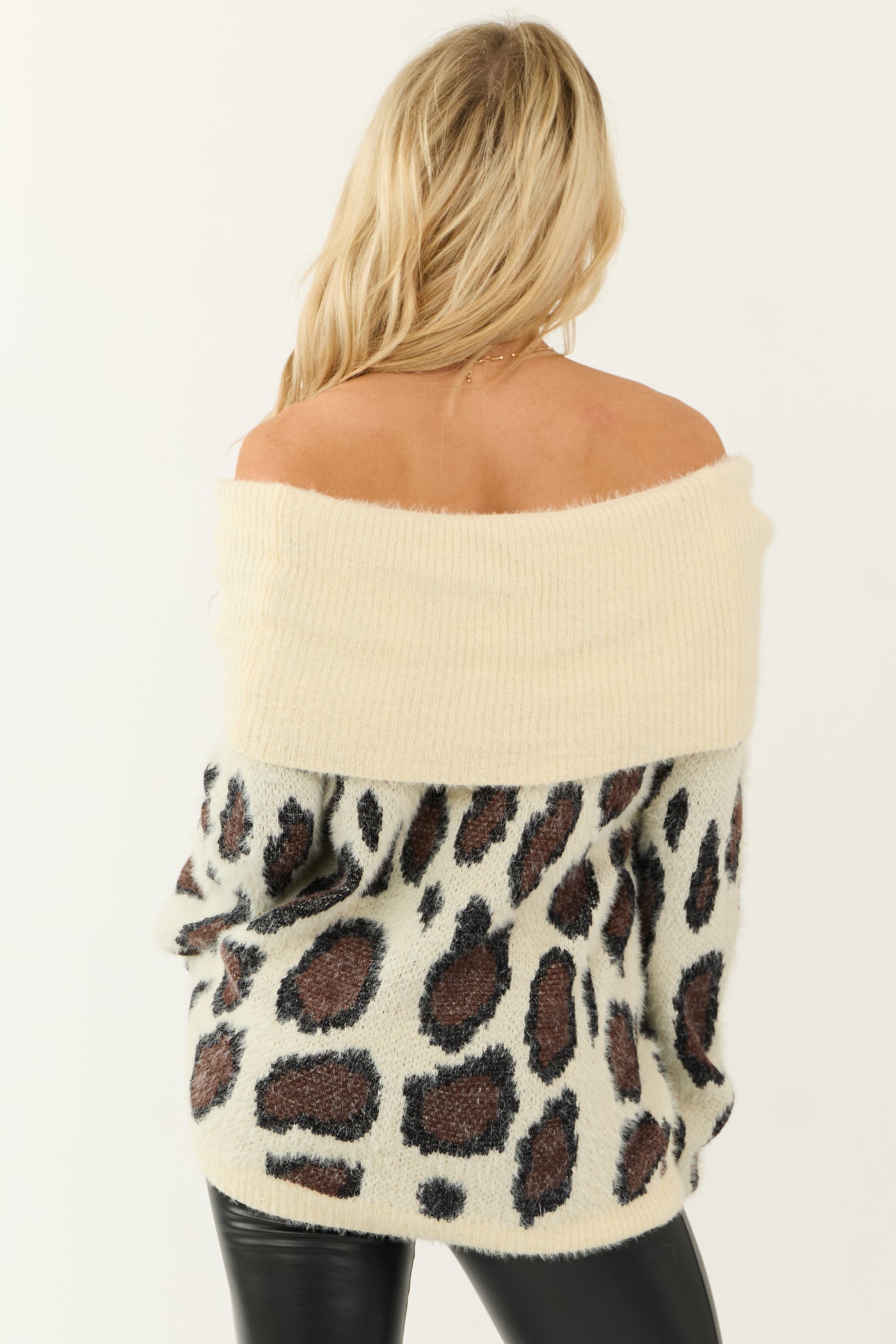 Cream Fuzzy Leopard Off the Shoulder Sweater