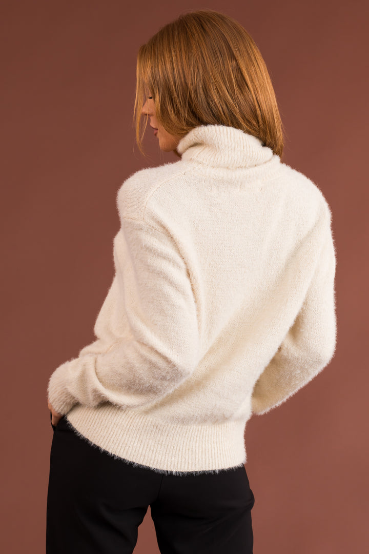Cream Fuzzy Long Sleeve Turtleneck Sweater