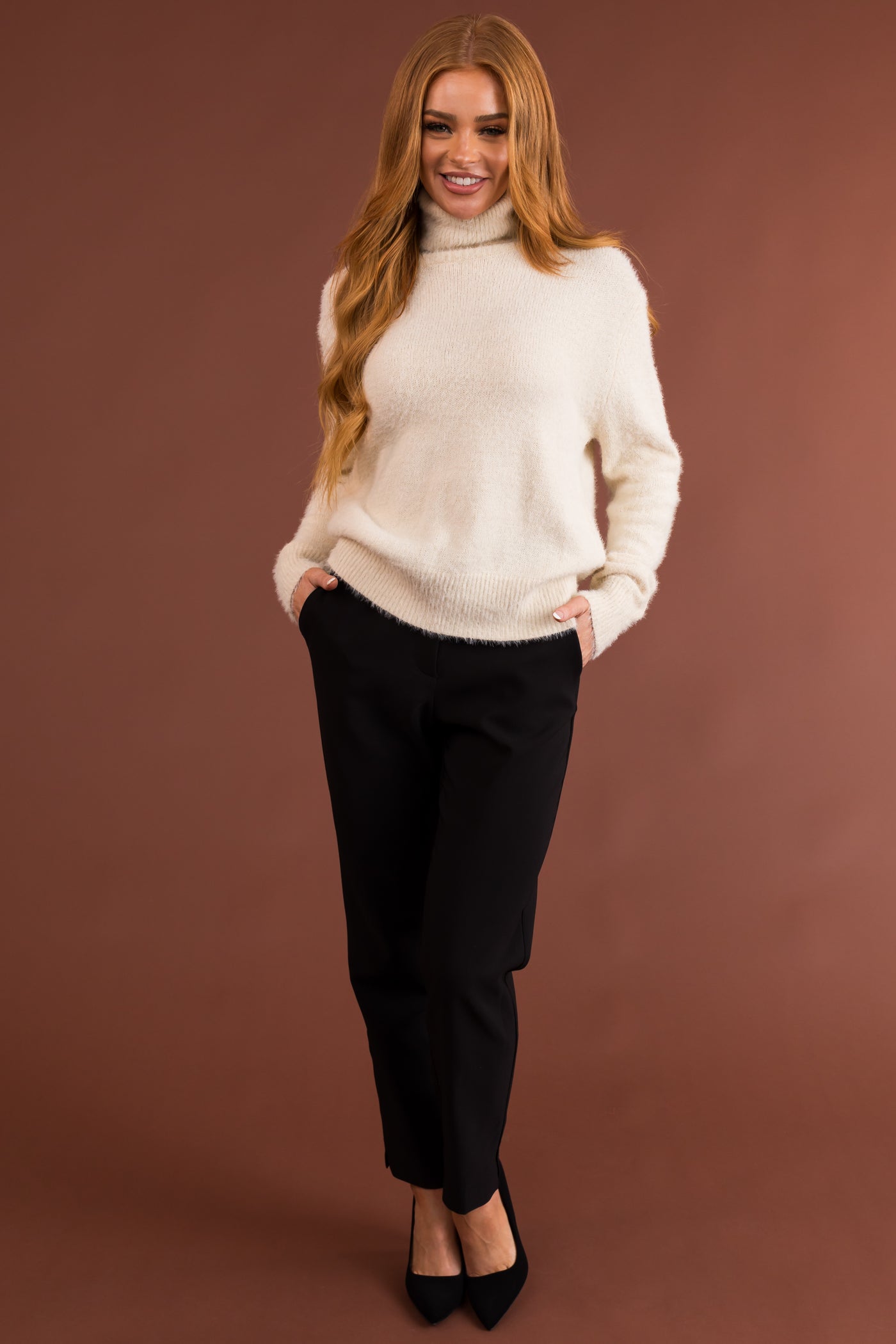 Cream Fuzzy Long Sleeve Turtleneck Sweater