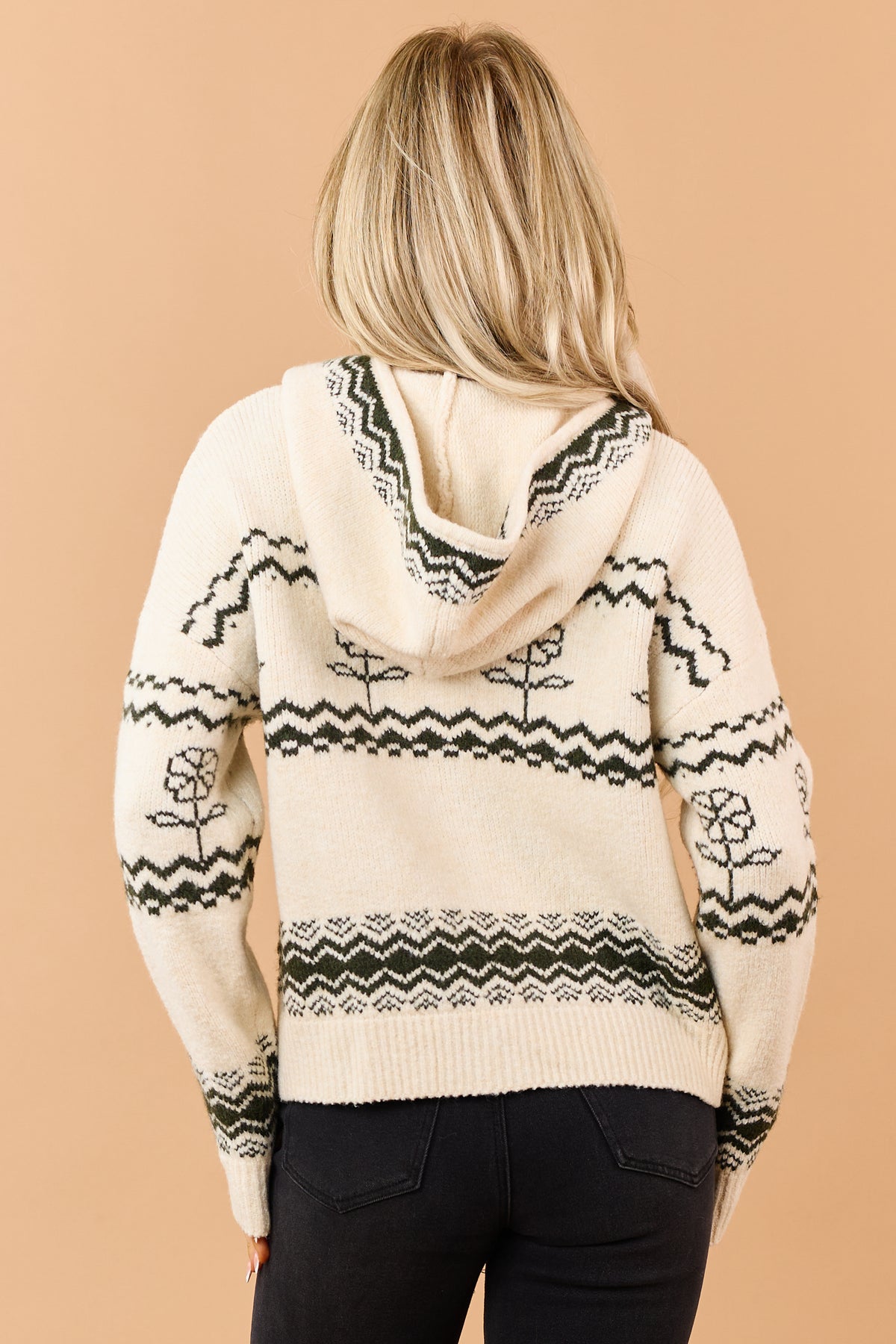 Cream Geometric Floral Pattern Hooded Sweater Jacket