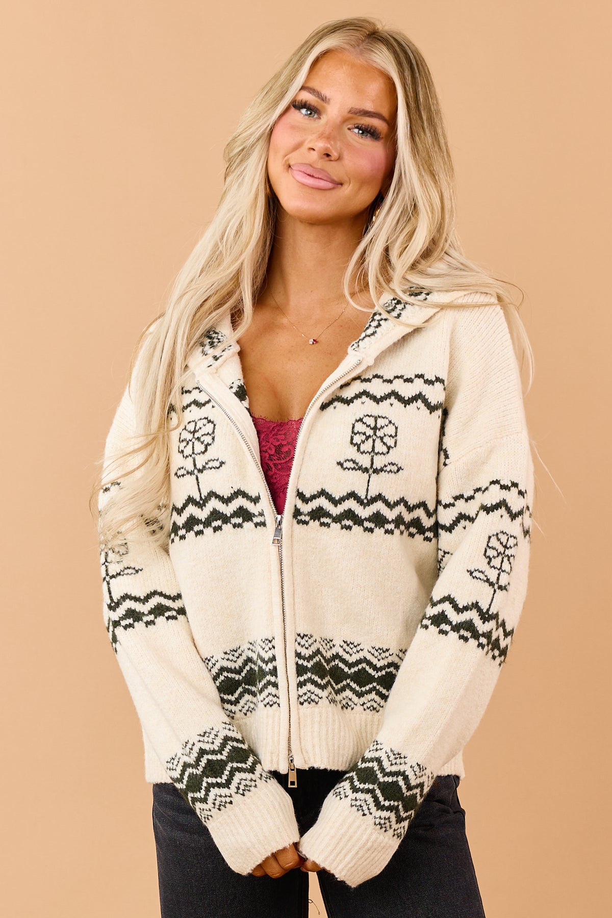 Cream Geometric Floral Pattern Hooded Sweater Jacket
