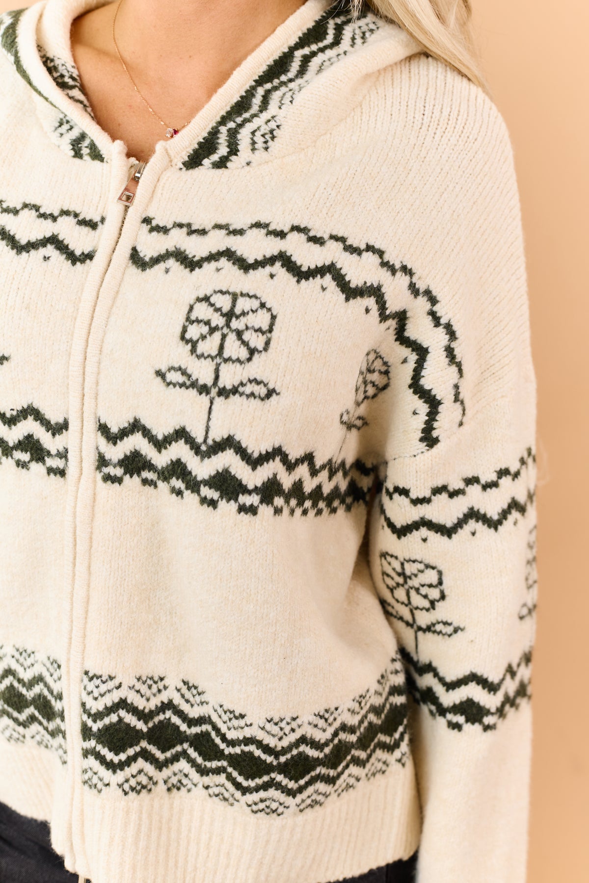 Cream Geometric Floral Pattern Hooded Sweater Jacket