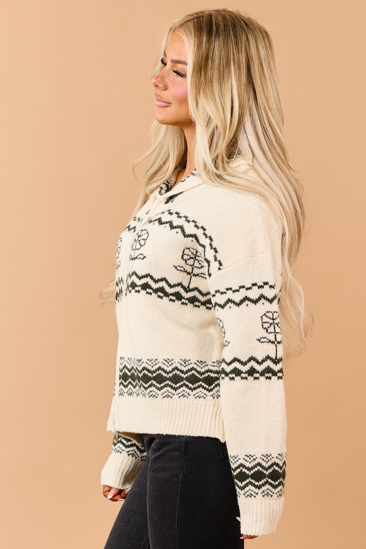 Cream Geometric Floral Pattern Hooded Sweater Jacket