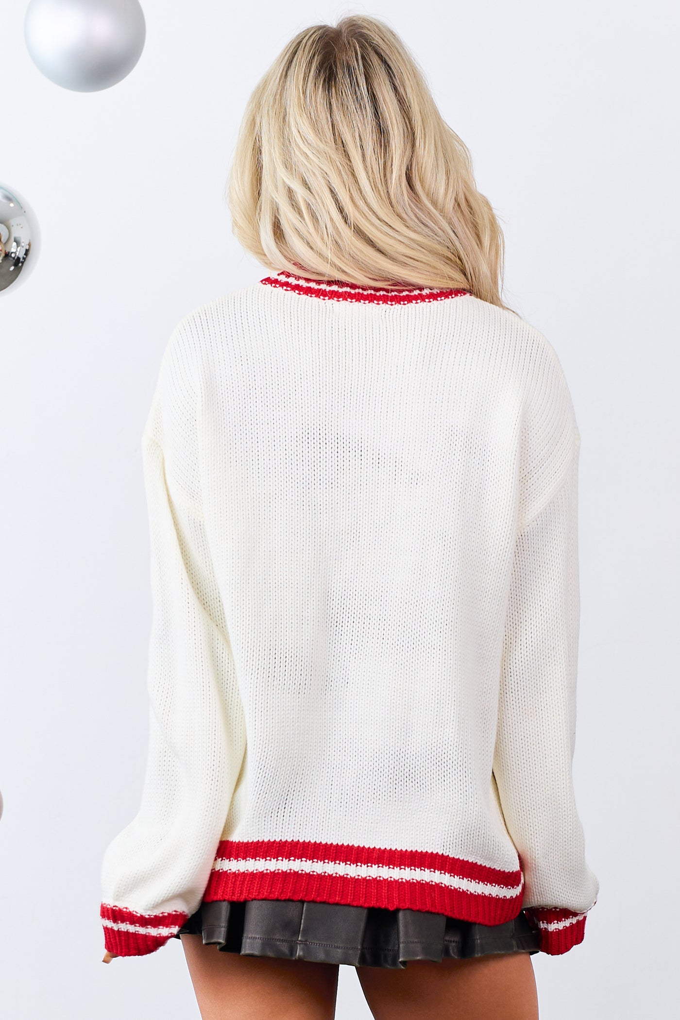 Cream Gingham Patchwork Holiday Tree Knit Sweater