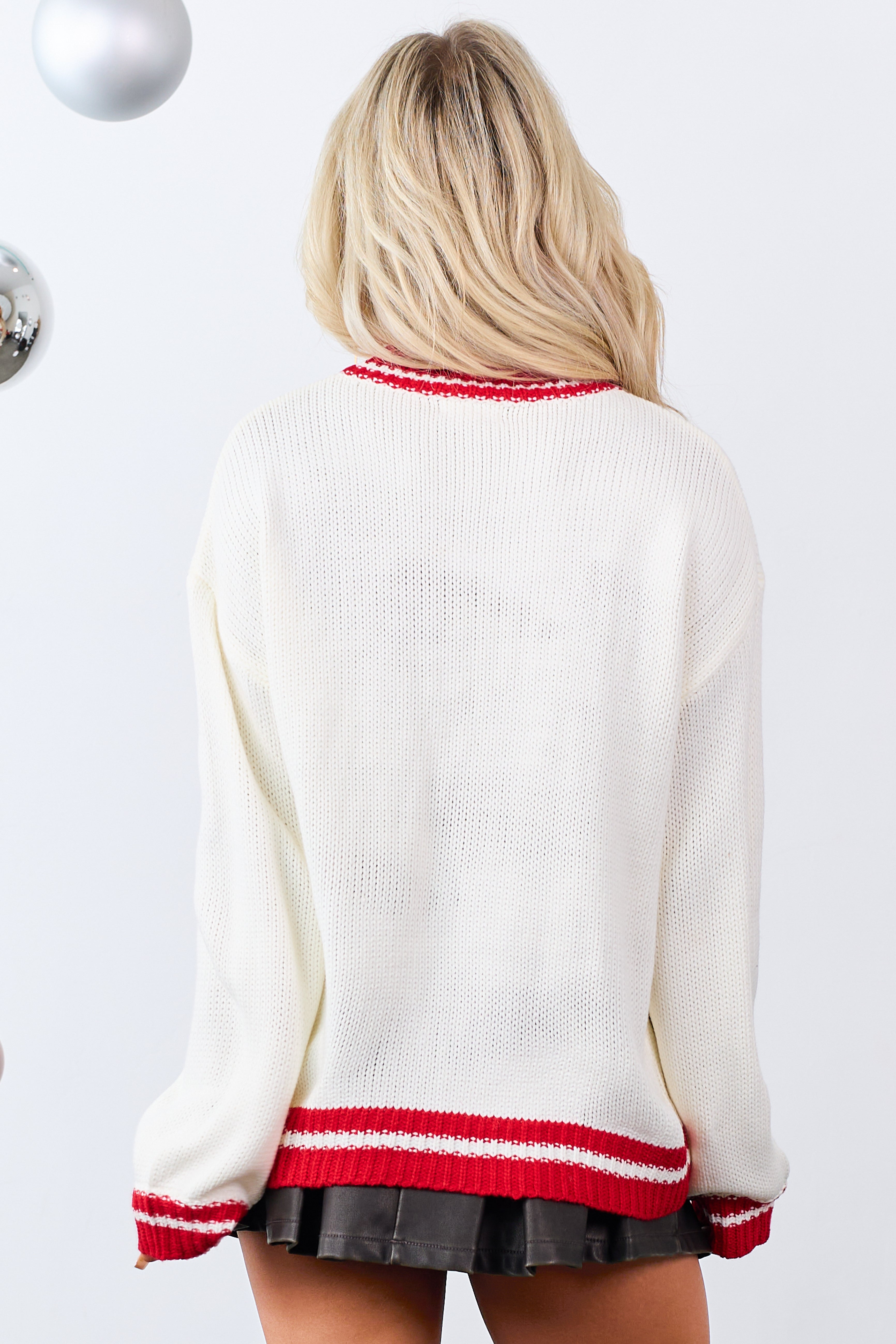 Cream Gingham Patchwork Holiday Tree Knit Sweater