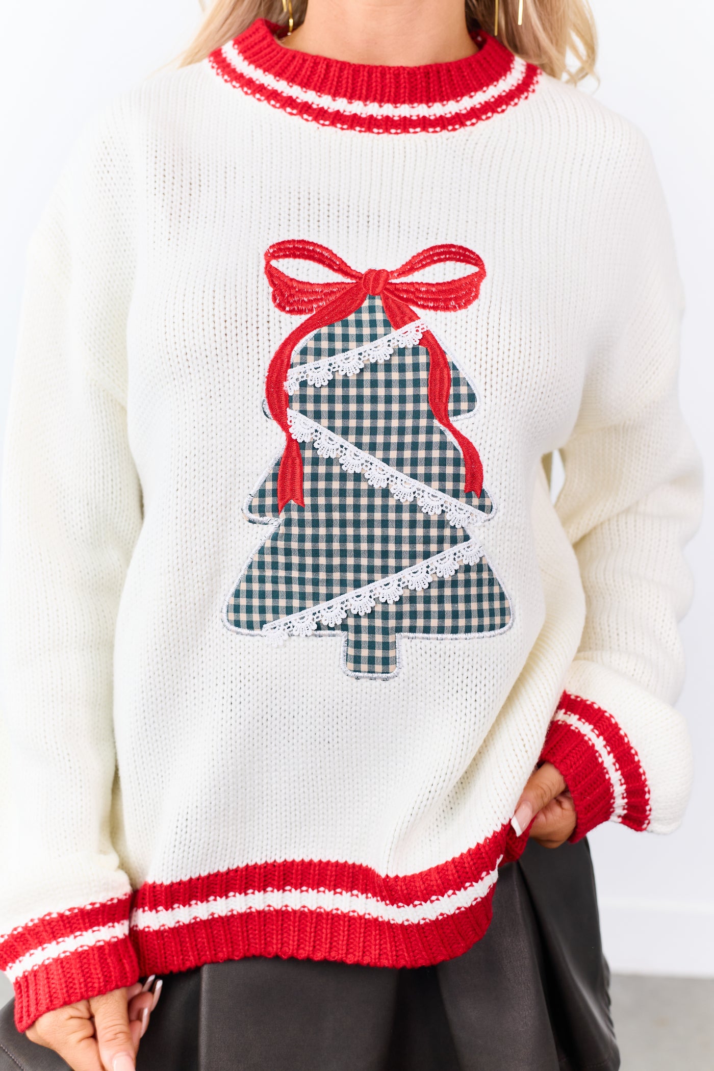 Cream Gingham Patchwork Holiday Tree Knit Sweater