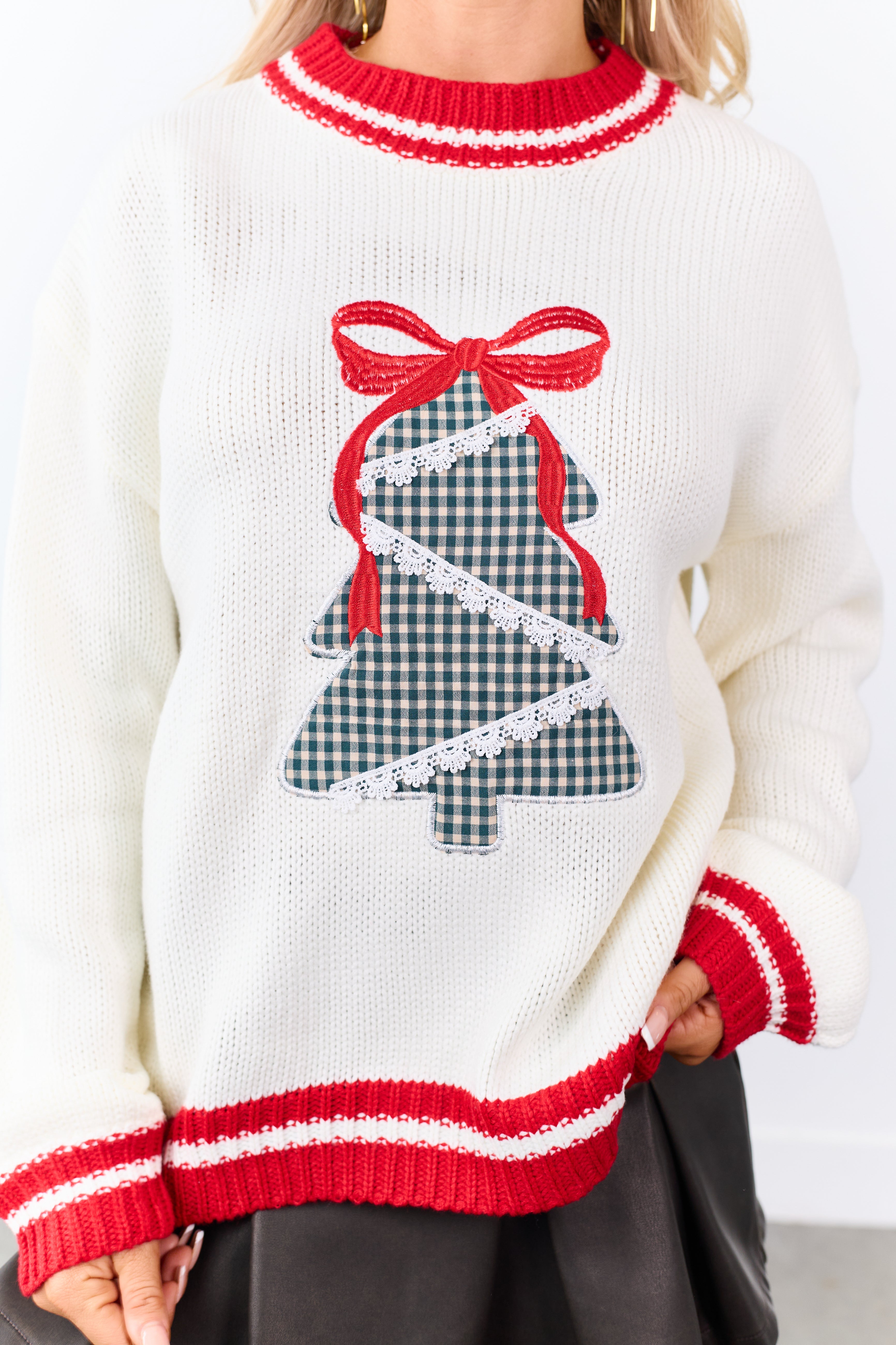 Cream Gingham Patchwork Holiday Tree Knit Sweater