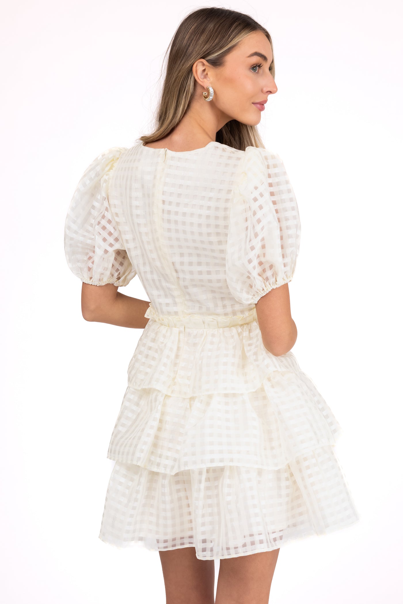 Cream Gingham Tiered Ruffle Mini Dress