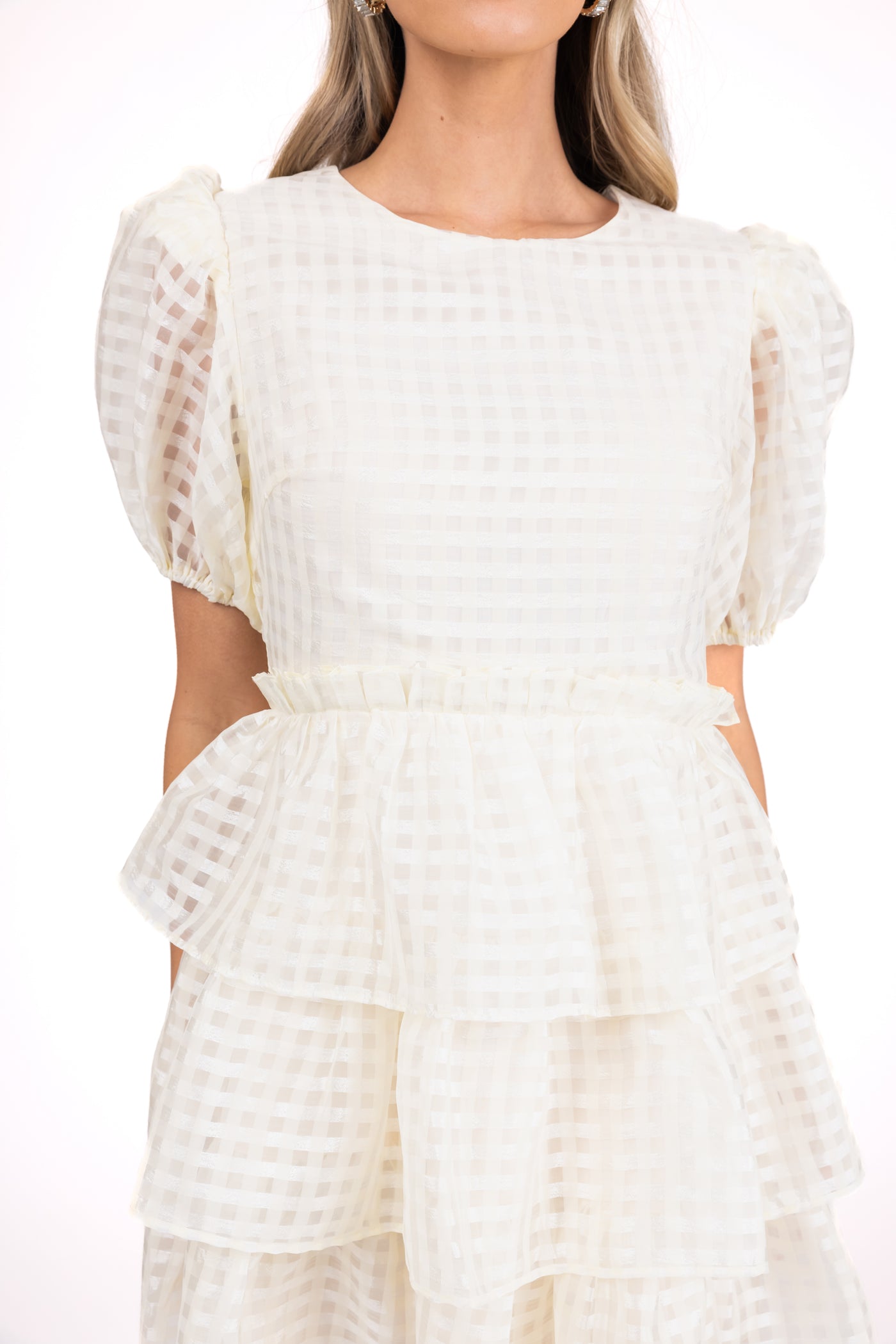 Cream Gingham Tiered Ruffle Mini Dress
