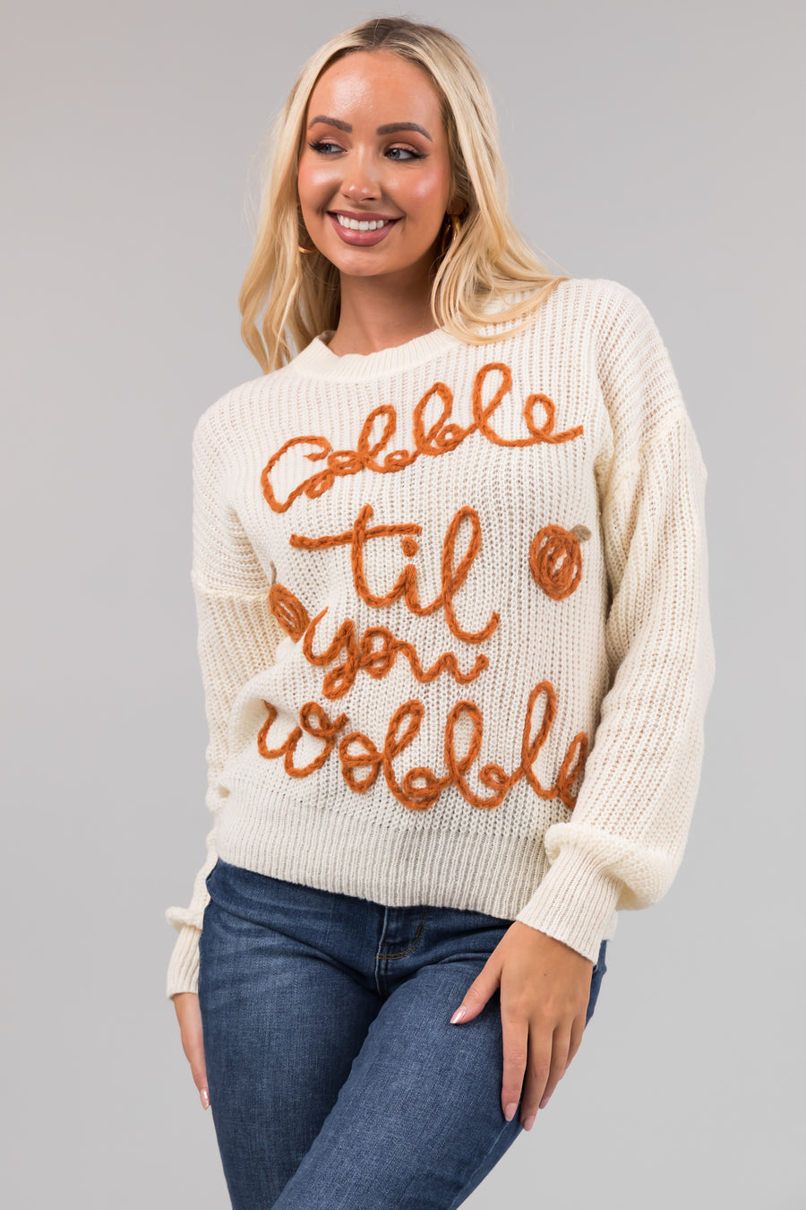 Cream 'Gobble Til You Wobble' Yarn Knit Sweater