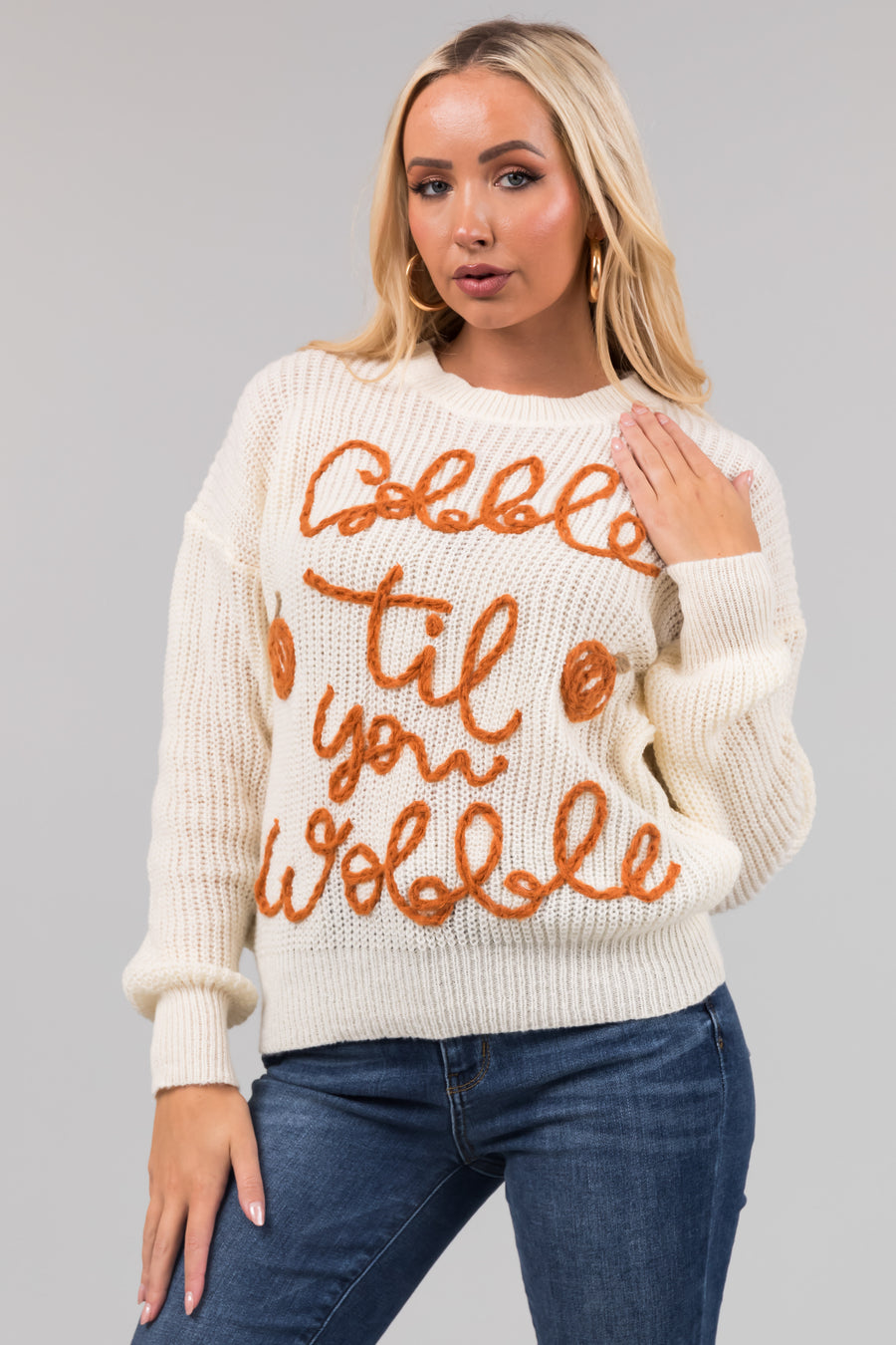 Cream 'Gobble Til You Wobble' Yarn Knit Sweater