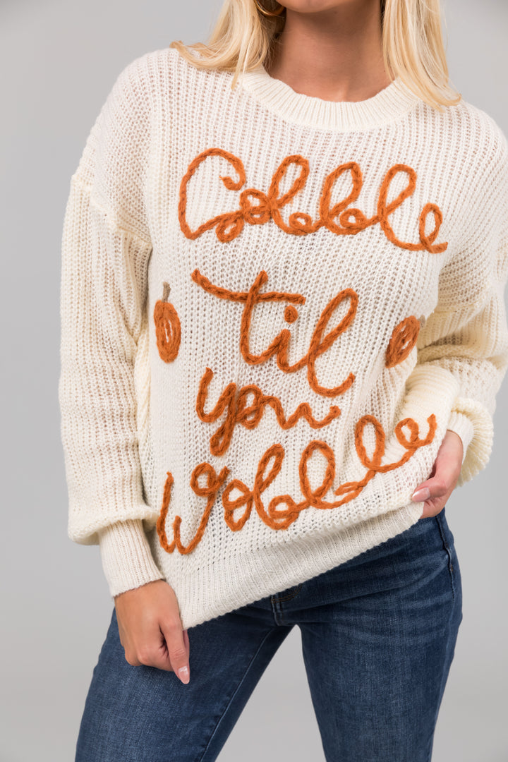 Cream 'Gobble Til You Wobble' Yarn Knit Sweater