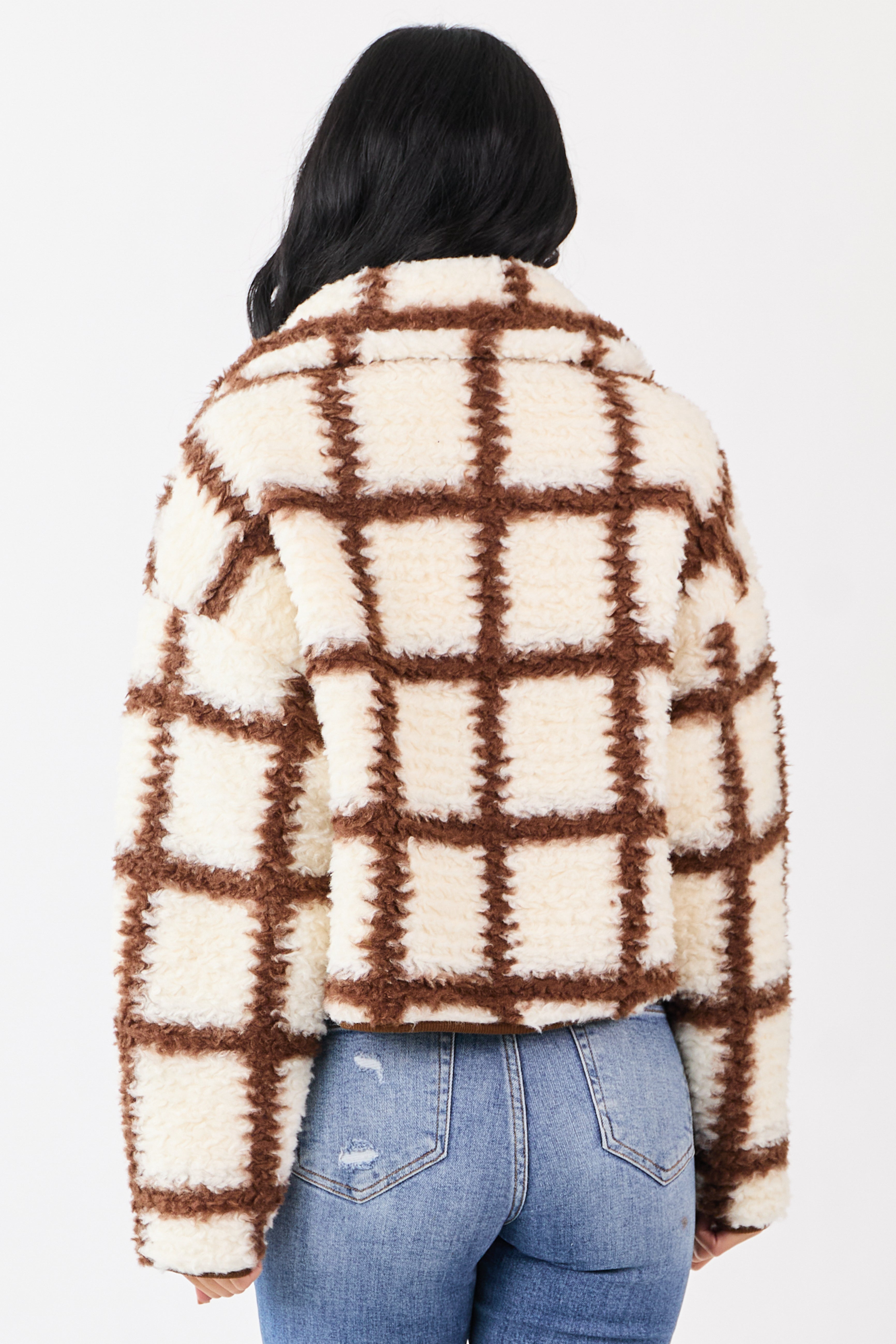 Cream Grid Pattern Collared Zip Up Sherpa Jacket