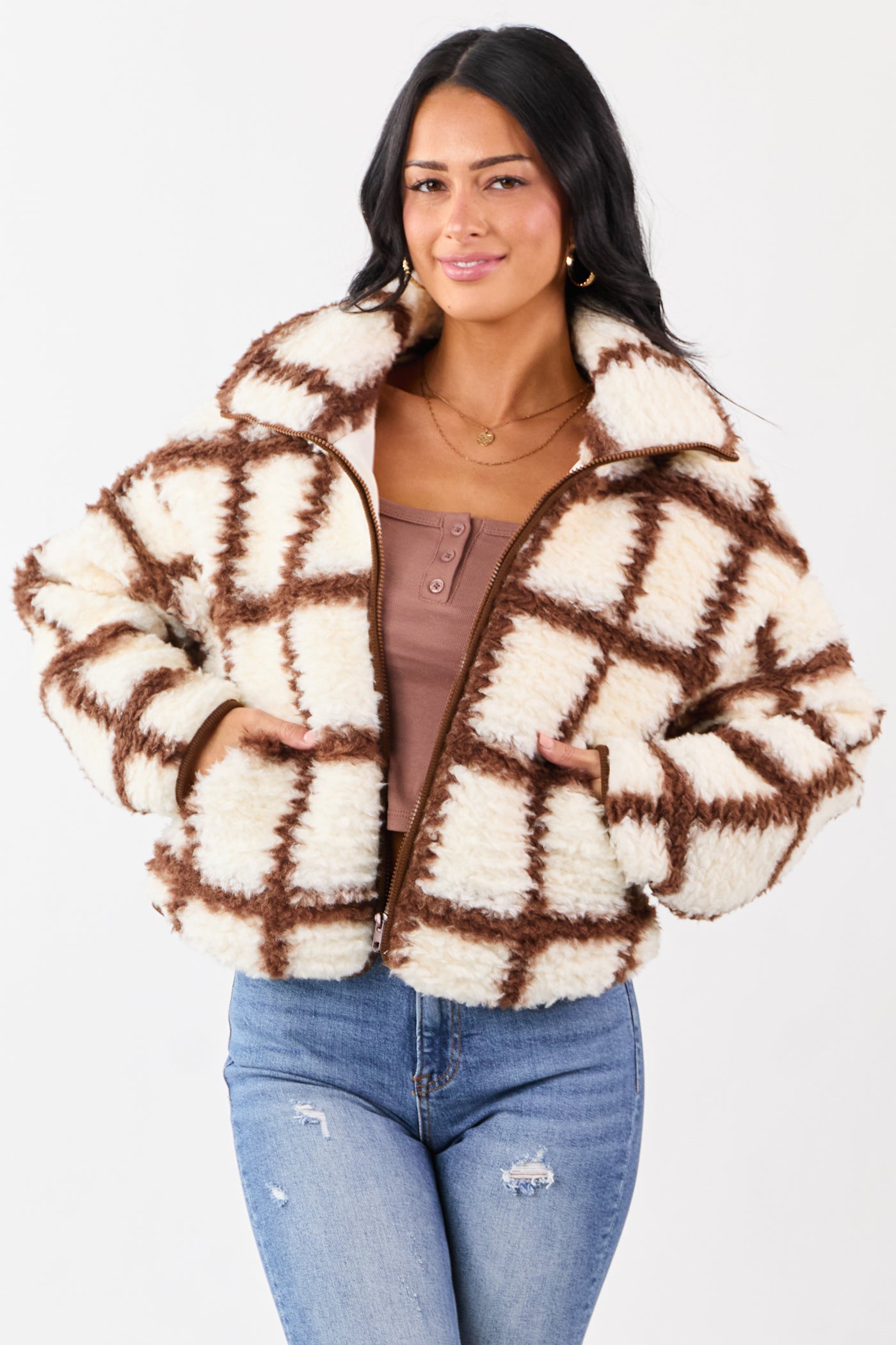 Cream Grid Pattern Collared Zip Up Sherpa Jacket