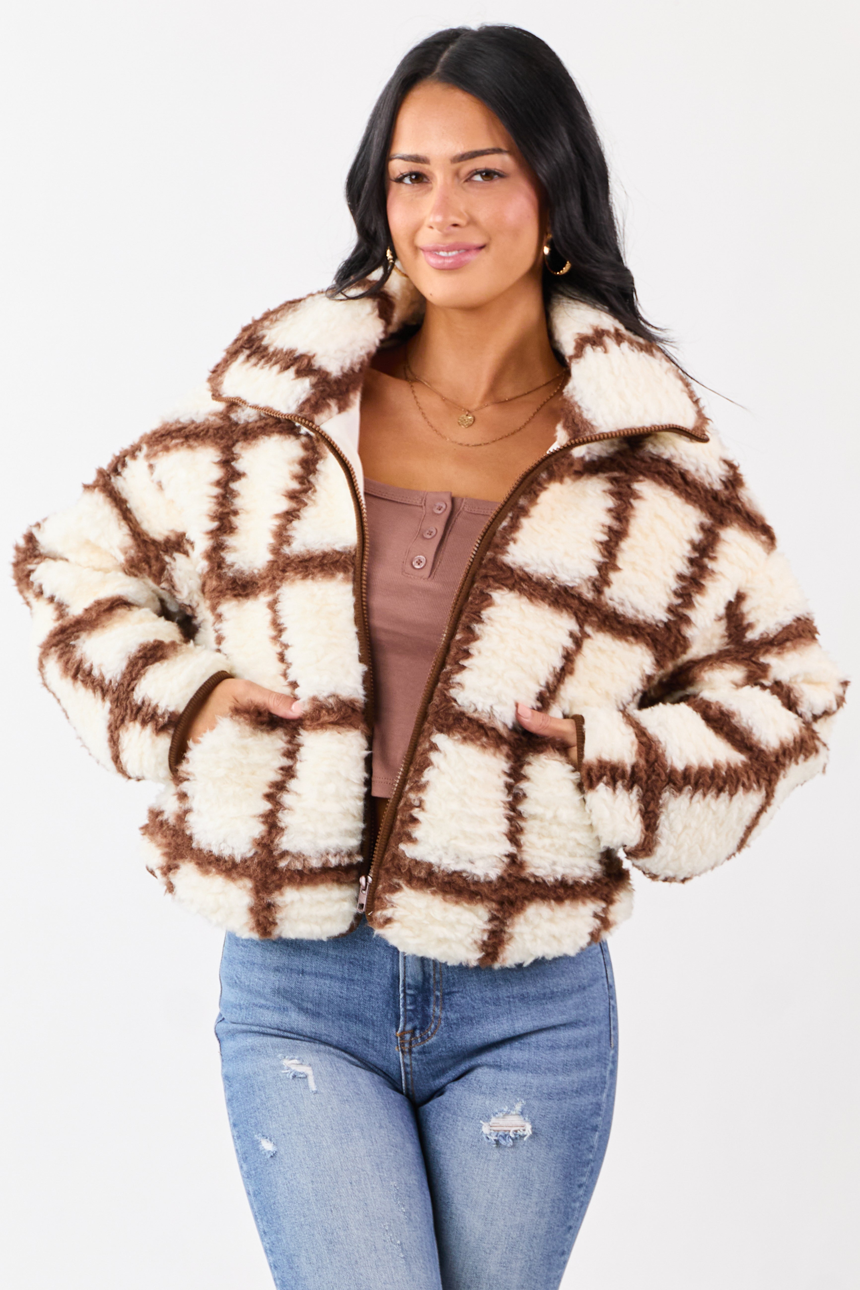 Cream Grid Pattern Collared Zip Up Sherpa Jacket