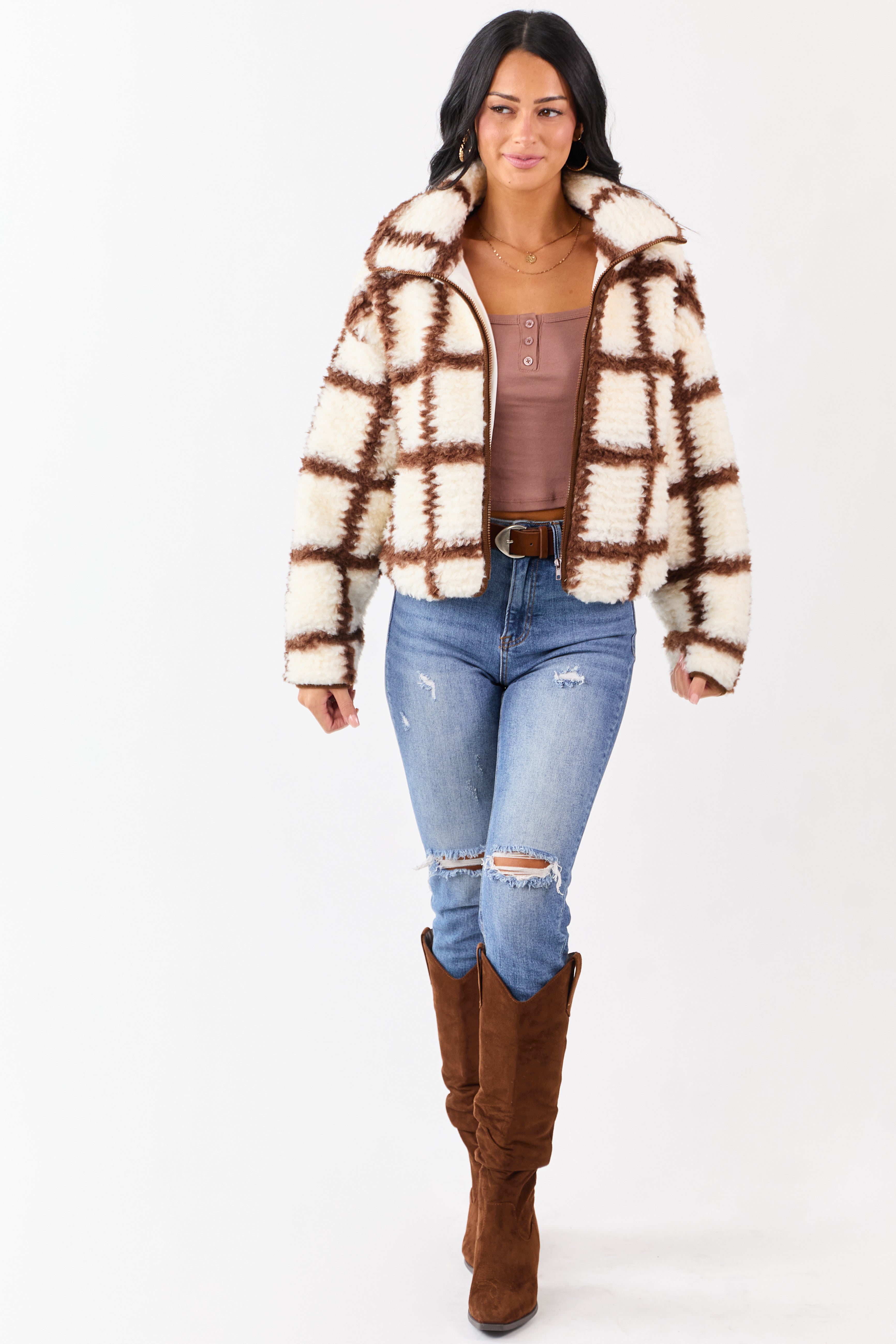 Cream Grid Pattern Collared Zip Up Sherpa Jacket