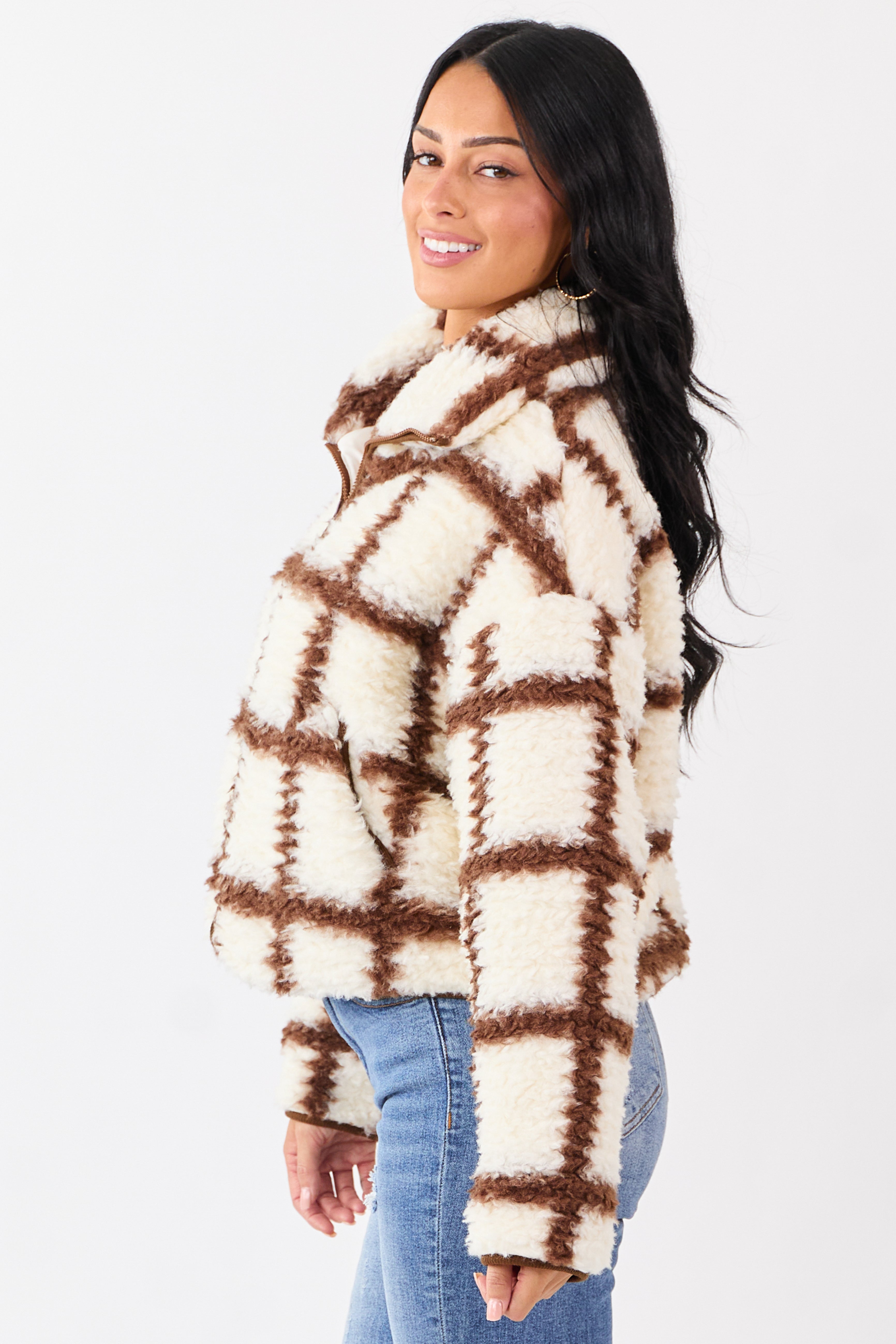 Cream Grid Pattern Collared Zip Up Sherpa Jacket