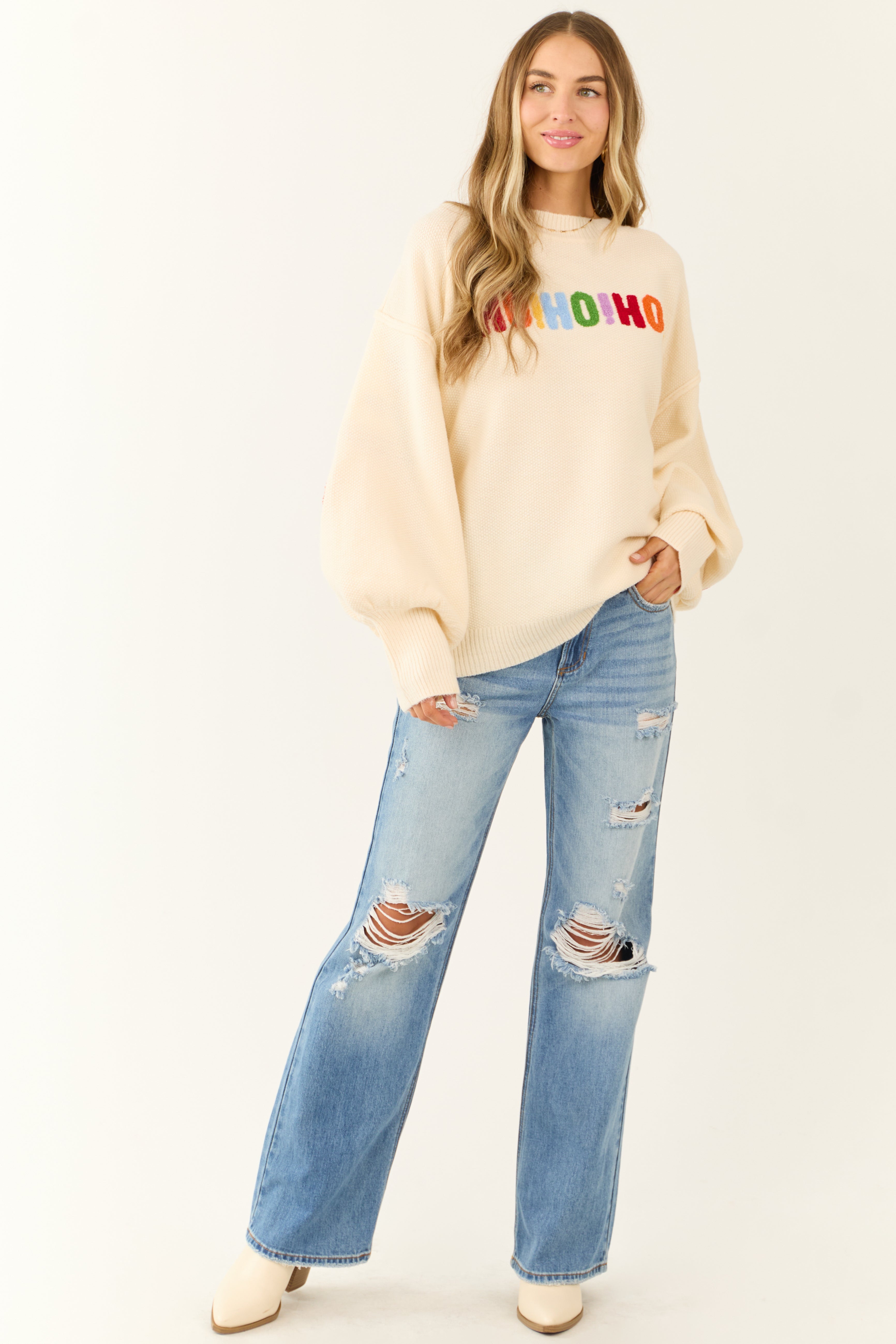 Cream HO HO HO Multicolor Graphic Knit Sweater | Lime Lush