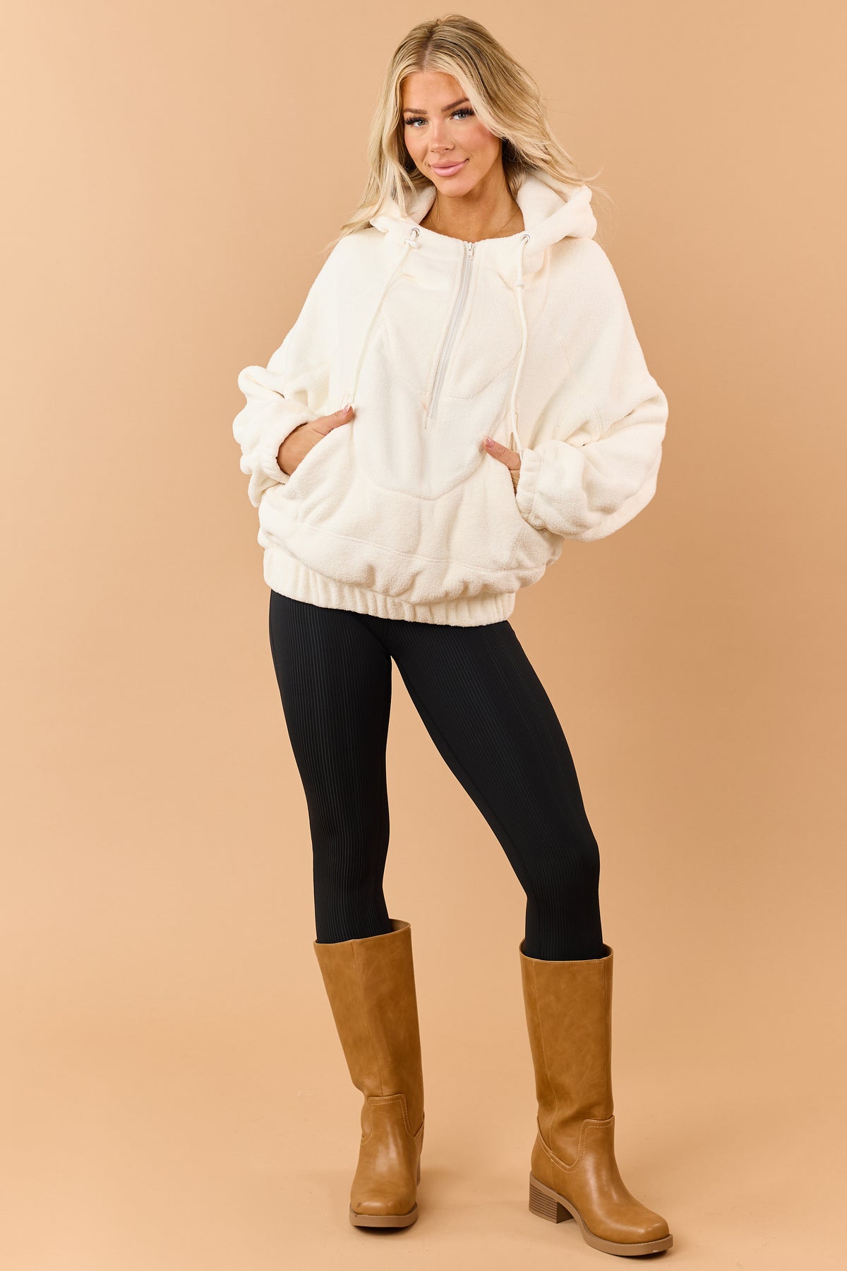 Cream Half Zip Hooded Soft Fleece Pullover Jacket