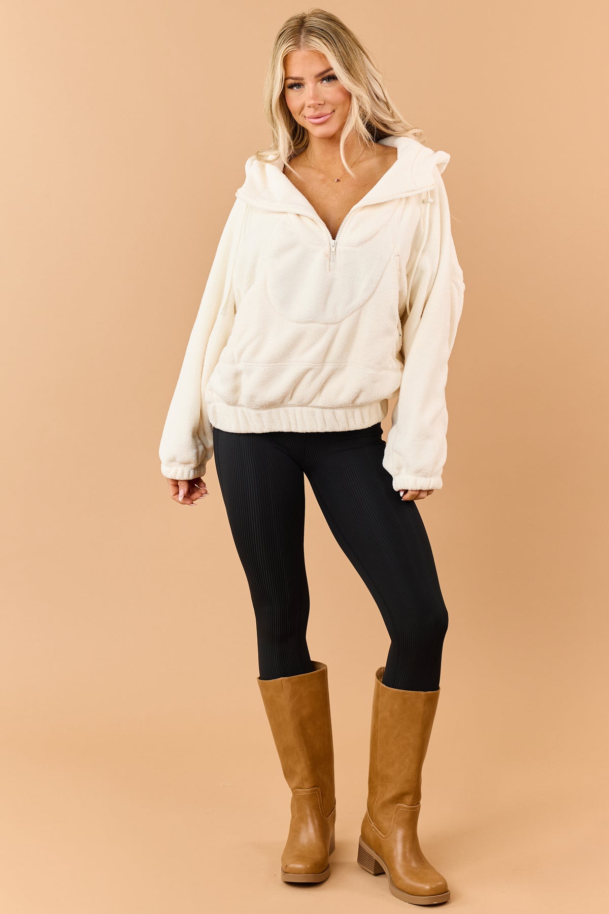 Cream Half Zip Hooded Soft Fleece Pullover Jacket