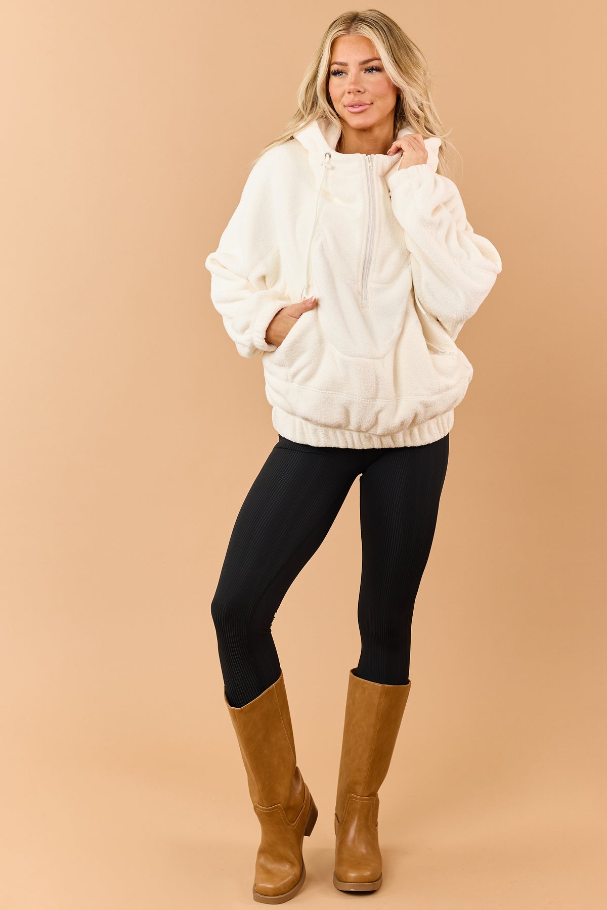 Cream Half Zip Hooded Soft Fleece Pullover Jacket