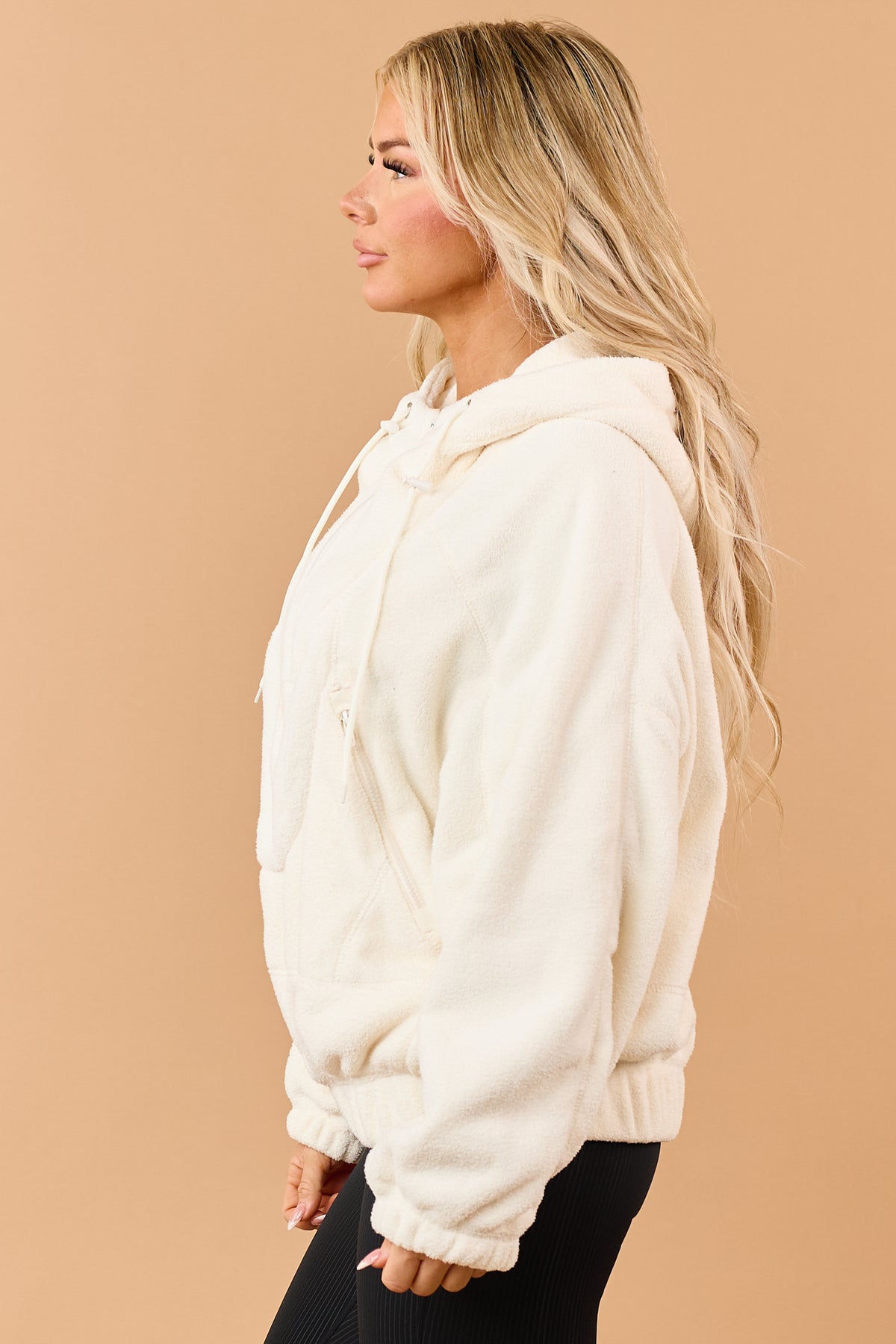 Cream Half Zip Hooded Soft Fleece Pullover Jacket