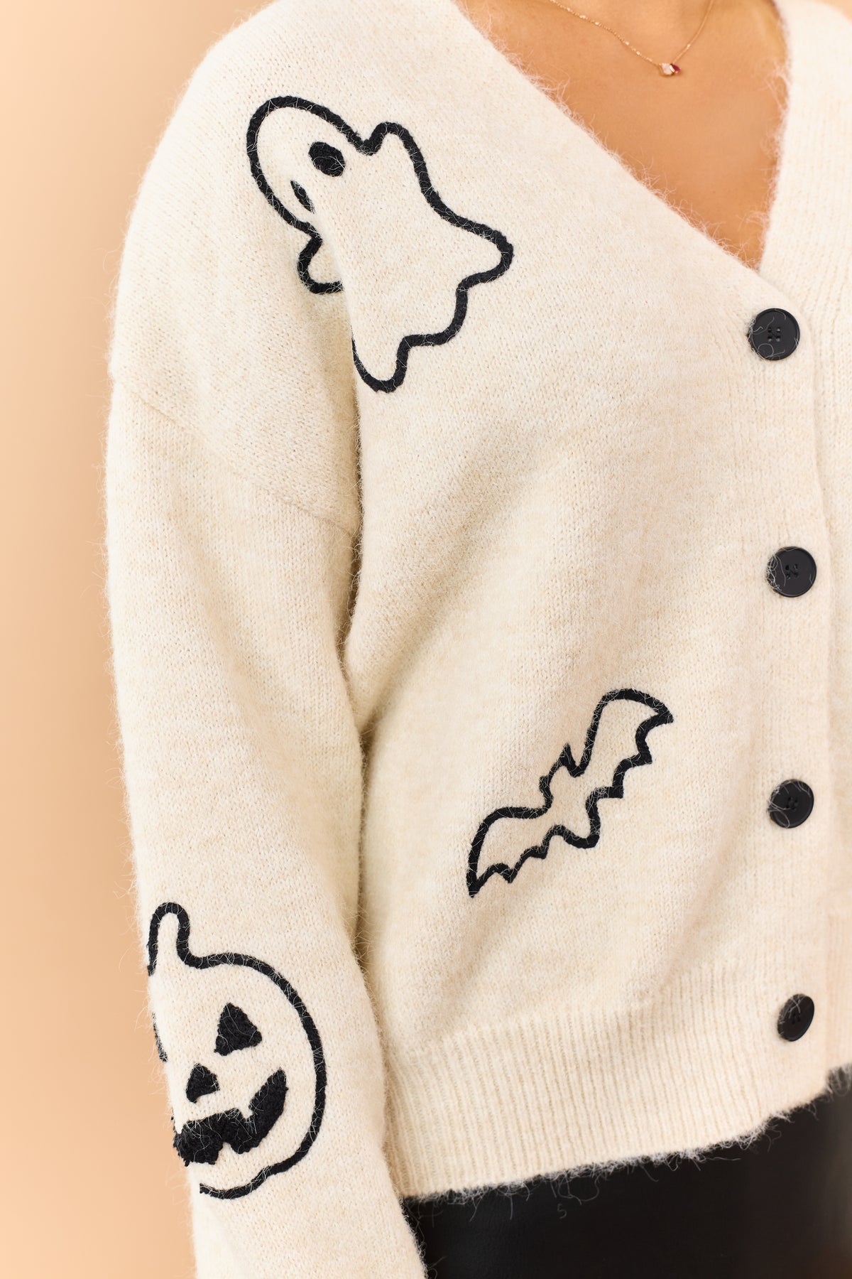 Cream Halloween Embroidered Button Down Cardigan