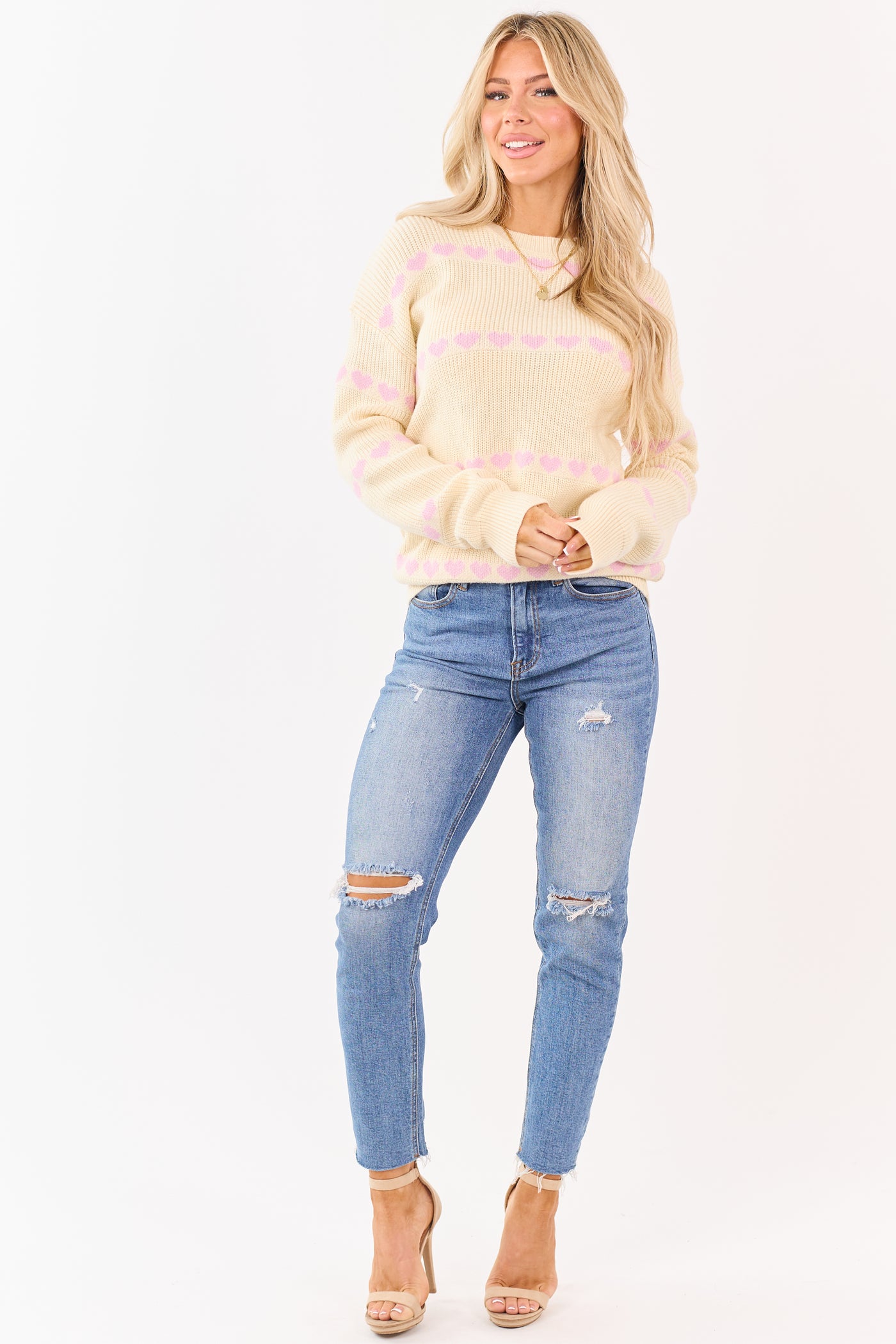 Cream Heart Pattern Ribbed Knit Relaxed Sweater