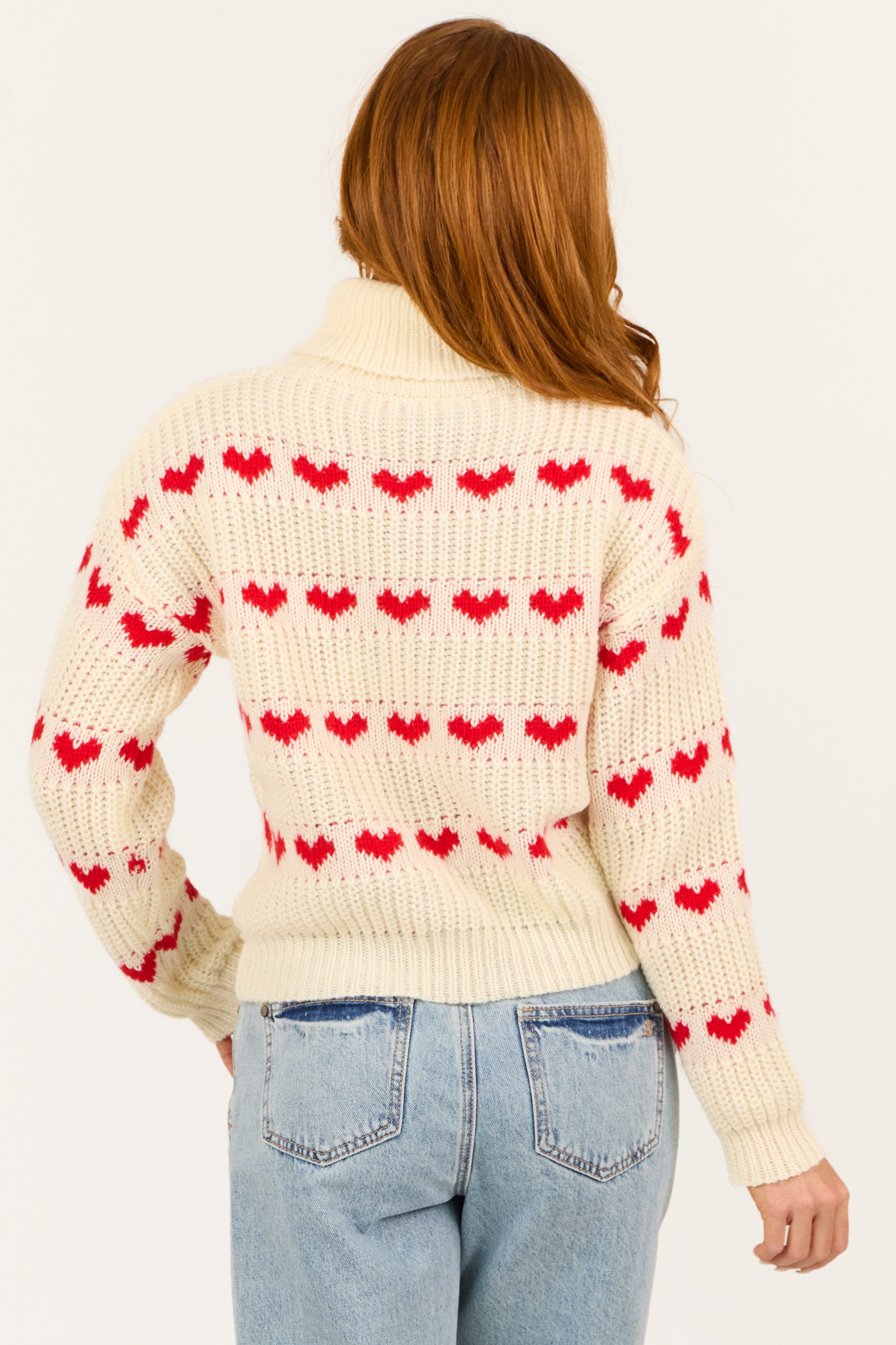 Cream Heart Print Turtleneck Long Sleeve Sweater | Lime Lush Boutique