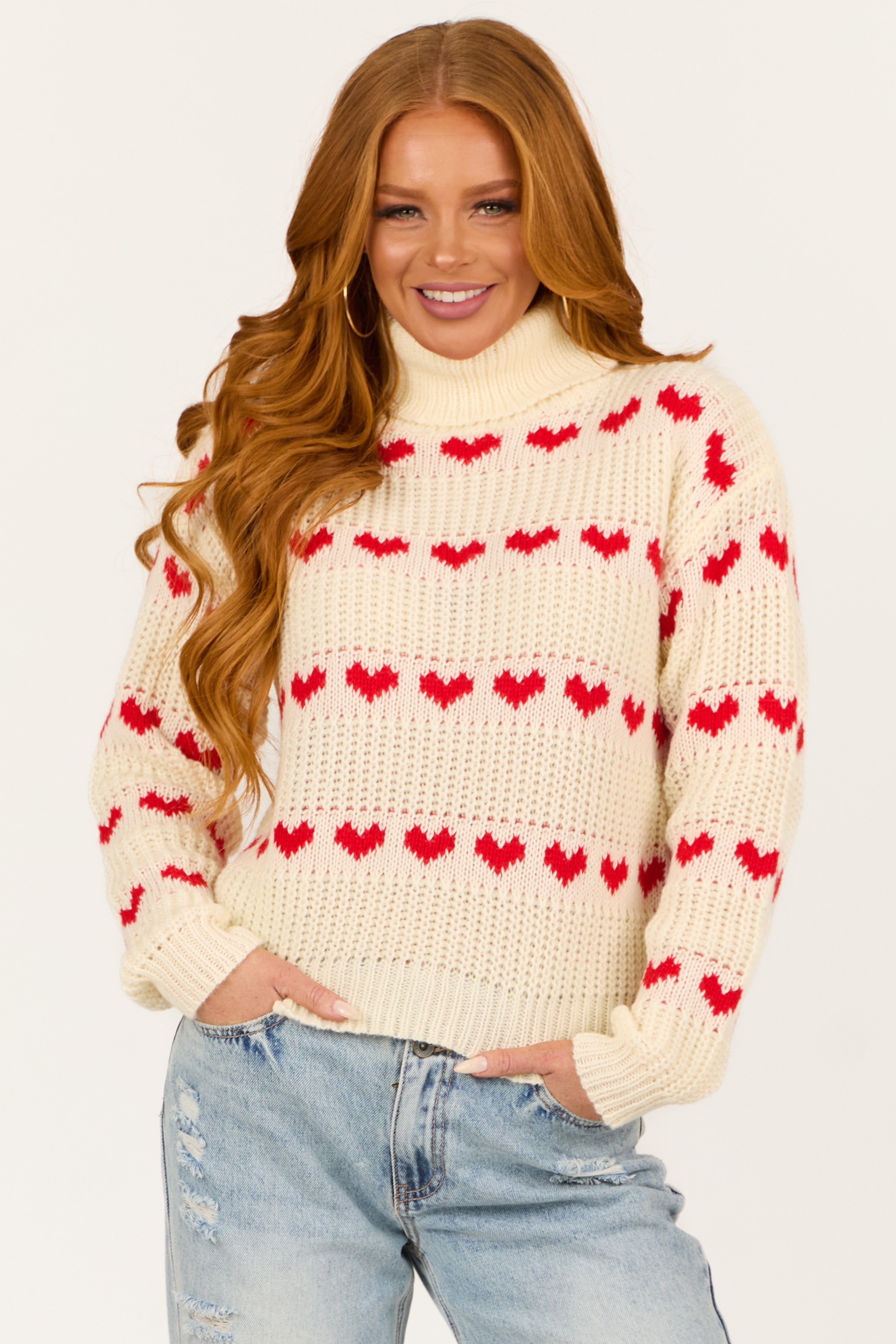 Cream Heart Print Turtleneck Long Sleeve Sweater | Lime Lush Boutique
