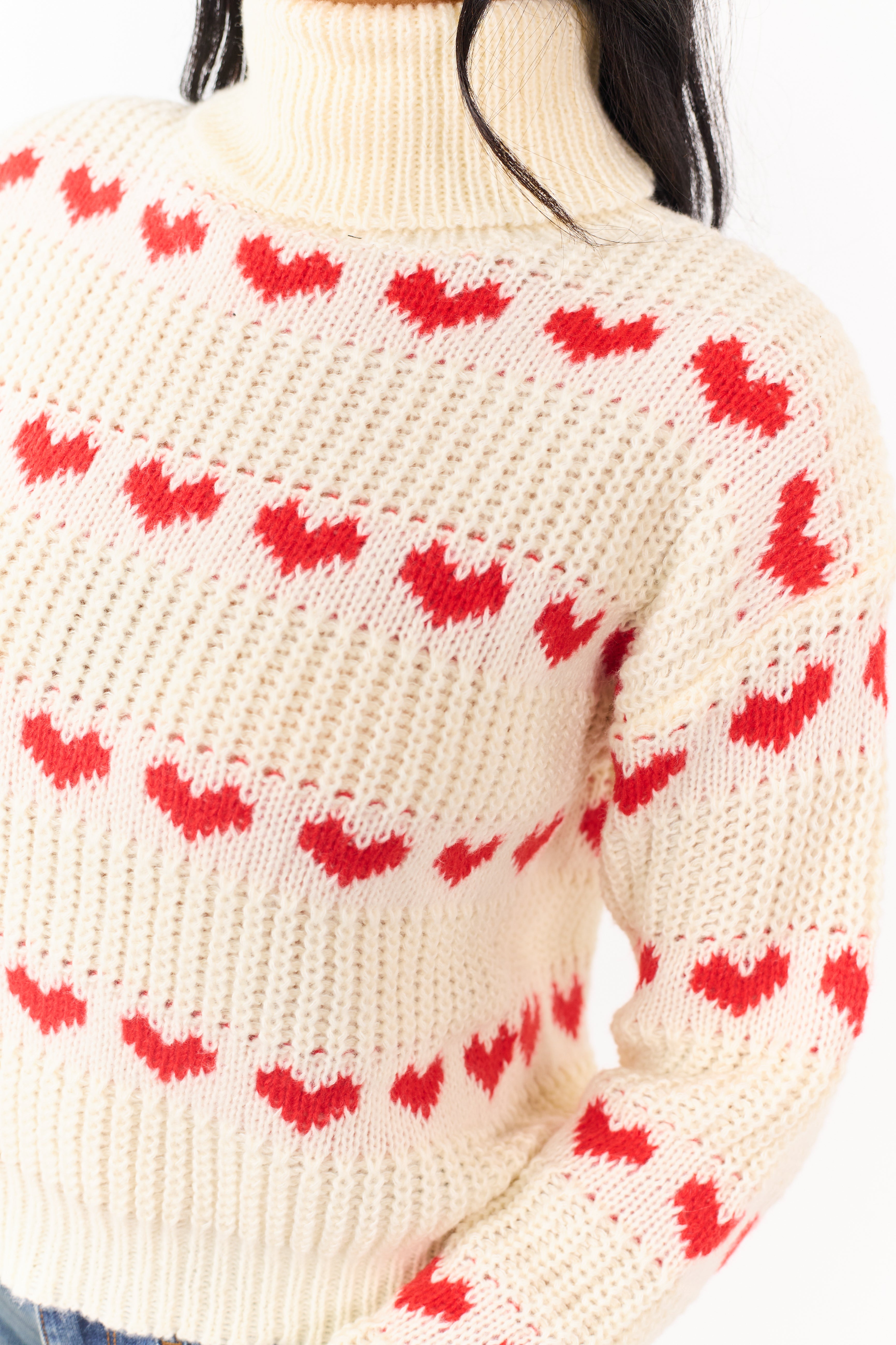 Cream Heart Print Turtleneck Long Sleeve Sweater