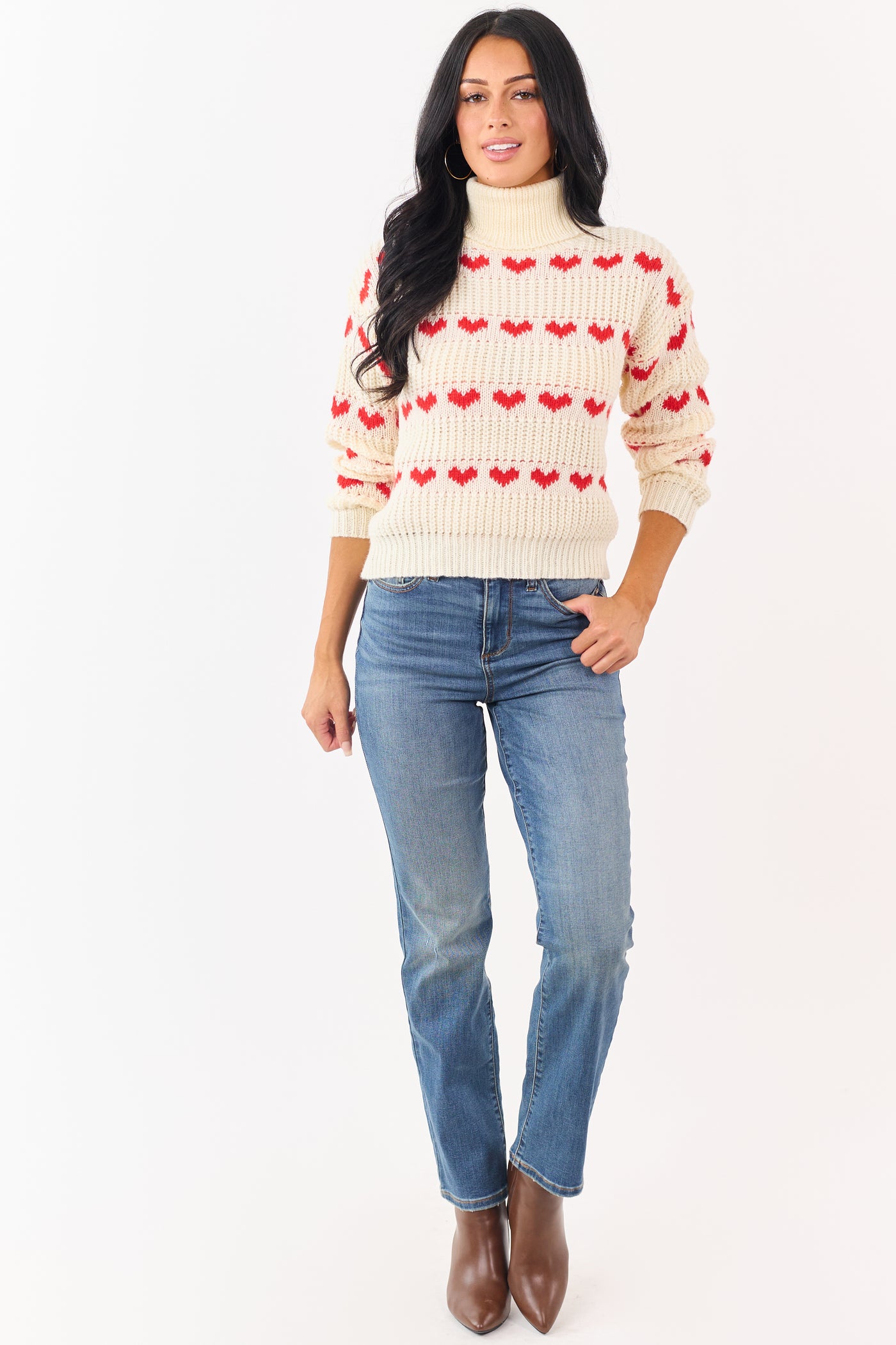 Cream Heart Print Turtleneck Long Sleeve Sweater