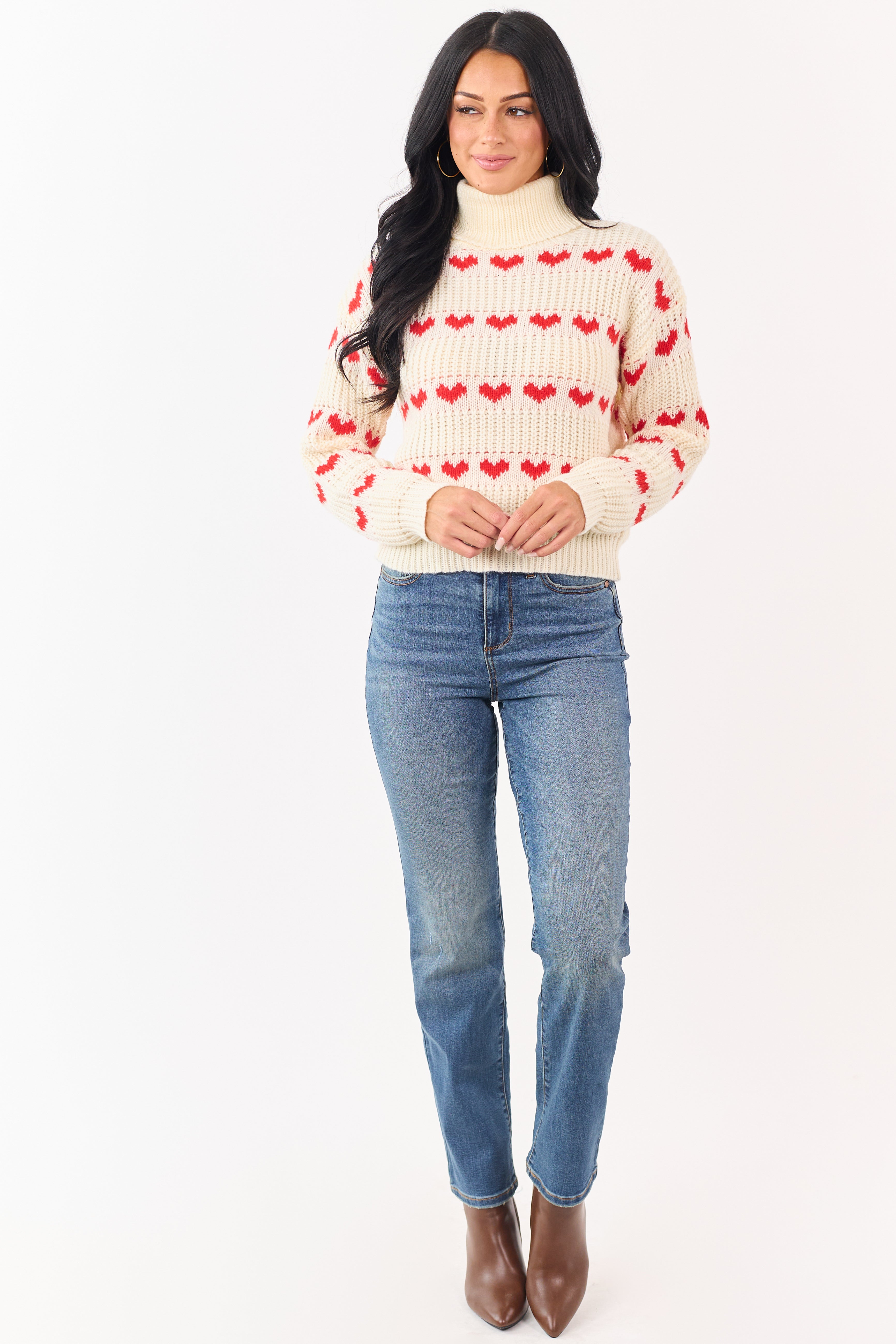Cream Heart Print Turtleneck Long Sleeve Sweater | Lime Lush Boutique