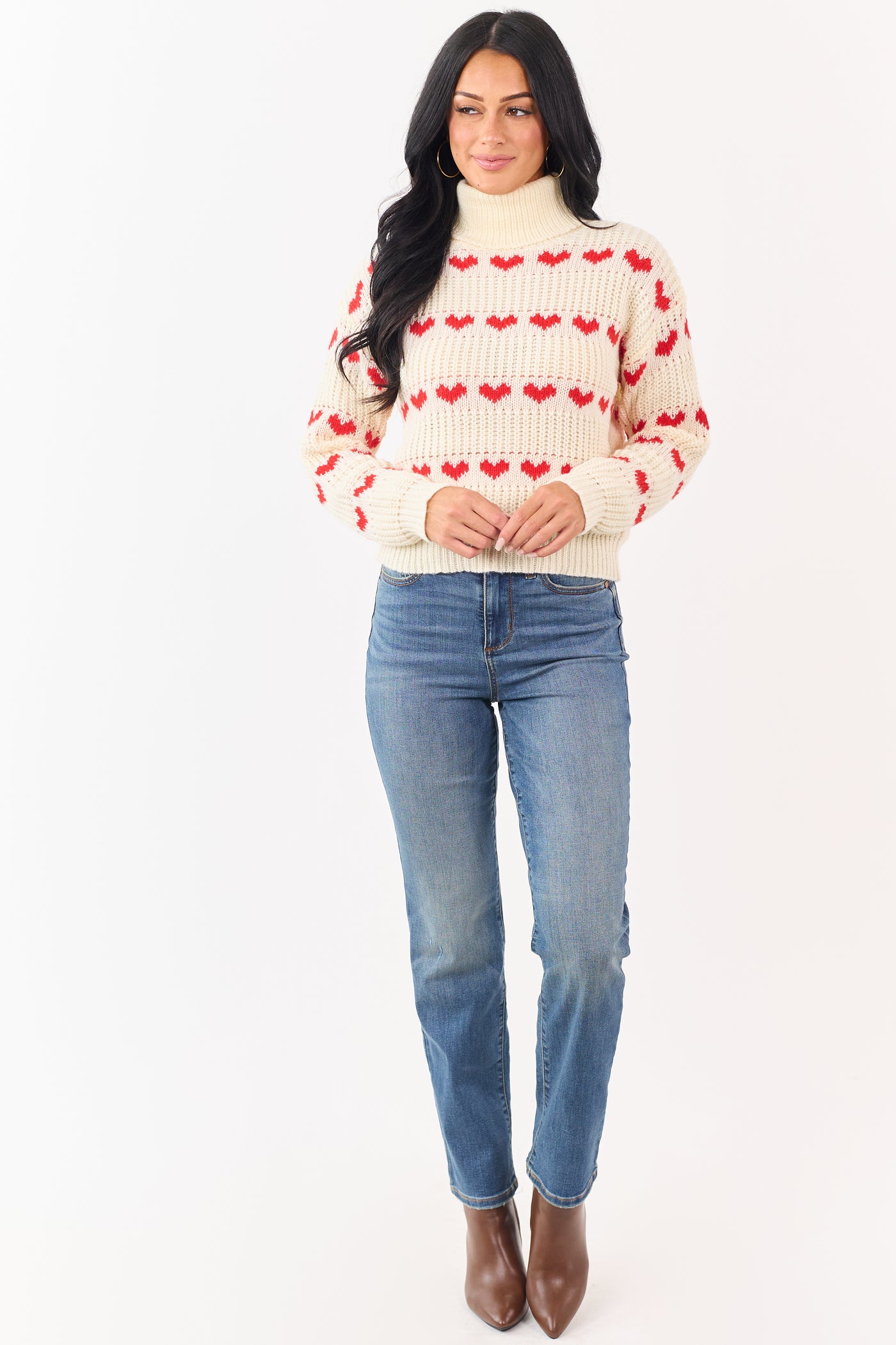 Cream Heart Print Turtleneck Long Sleeve Sweater