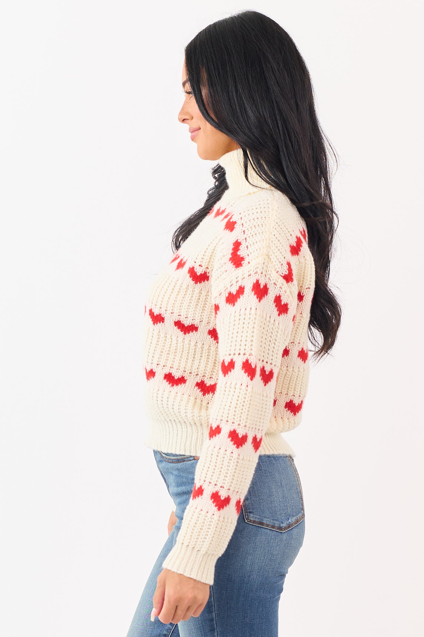 Cream Heart Print Turtleneck Long Sleeve Sweater