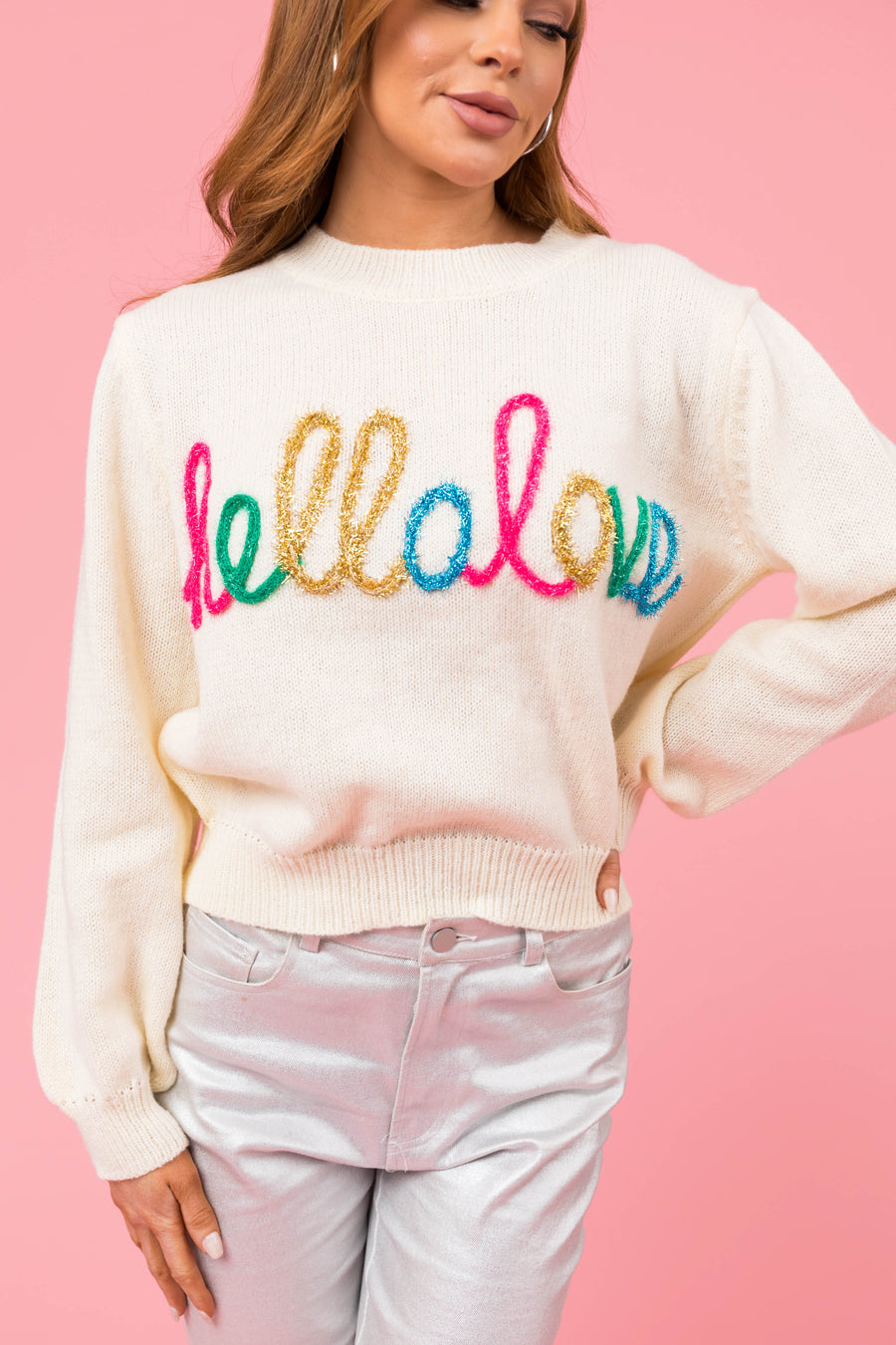 Cream 'Hello Love' Long Sleeve Knit Sweater