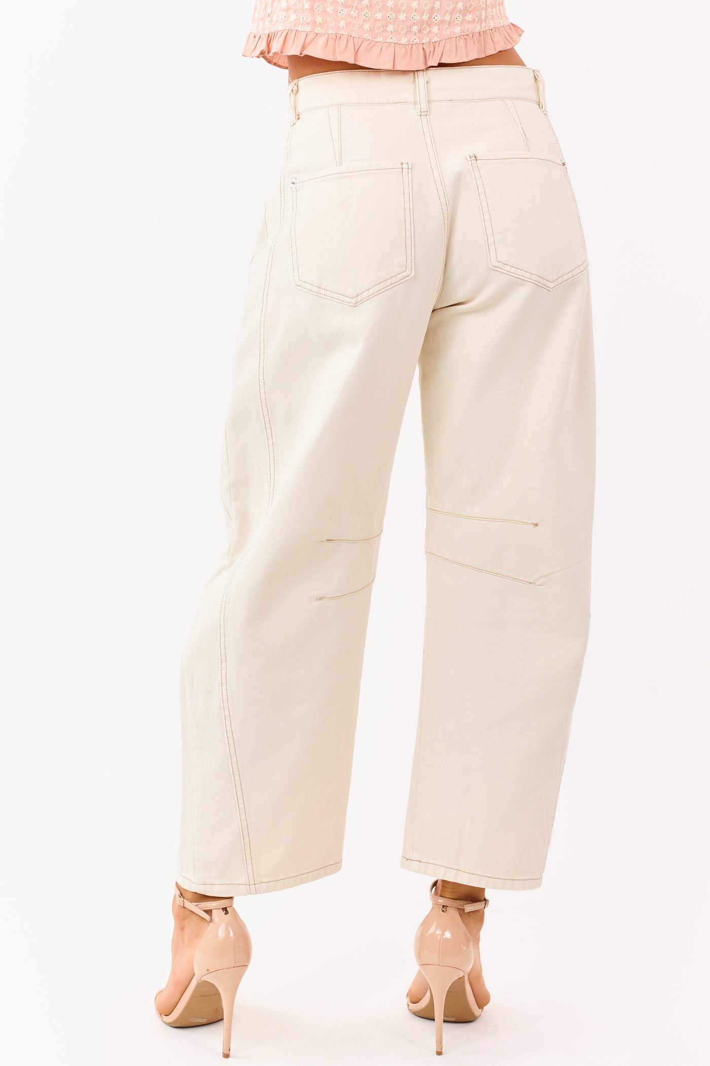 Cream High Rise Barrel Leg Cropped Length Jeans