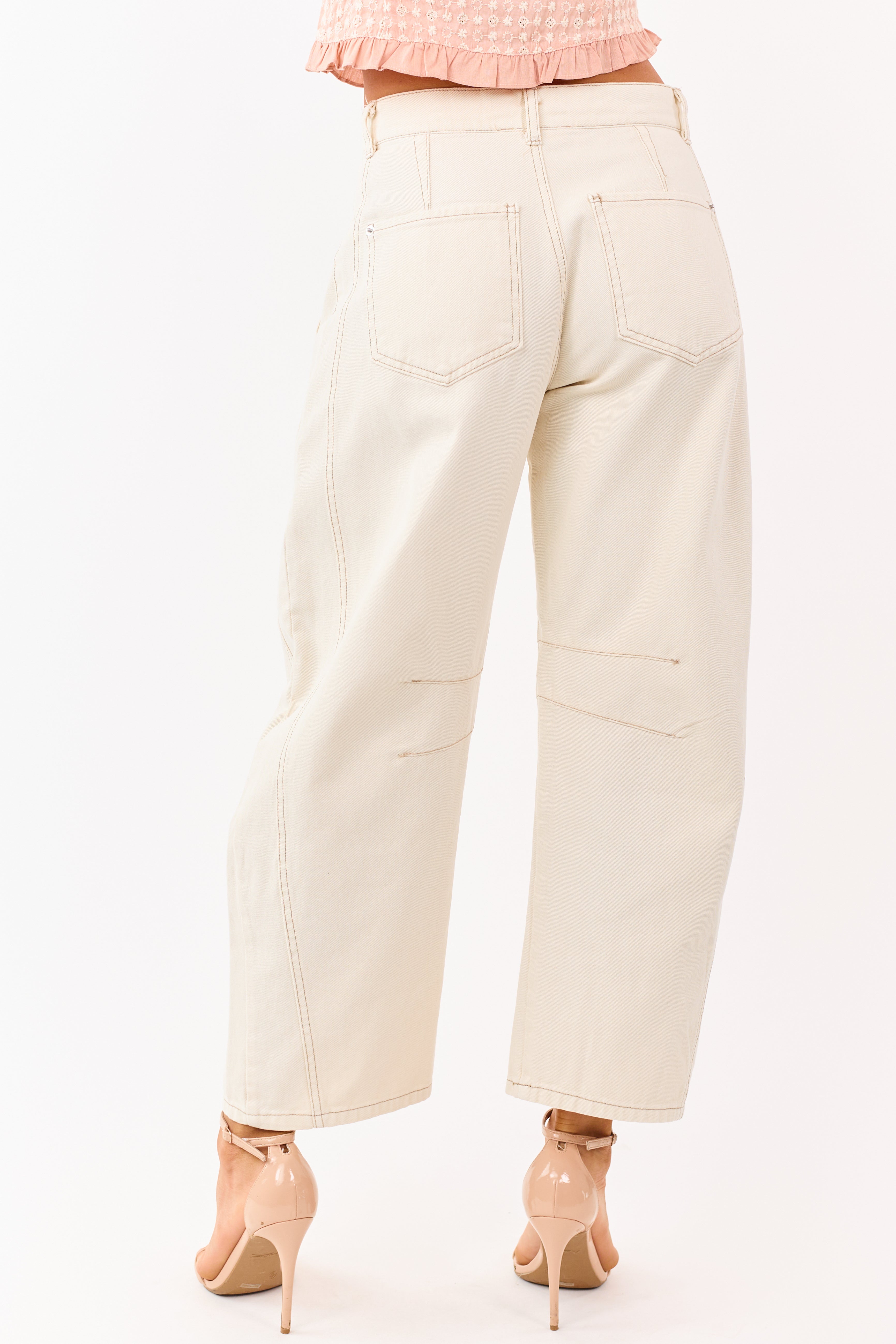 Cream High Rise Barrel Leg Cropped Length Jeans