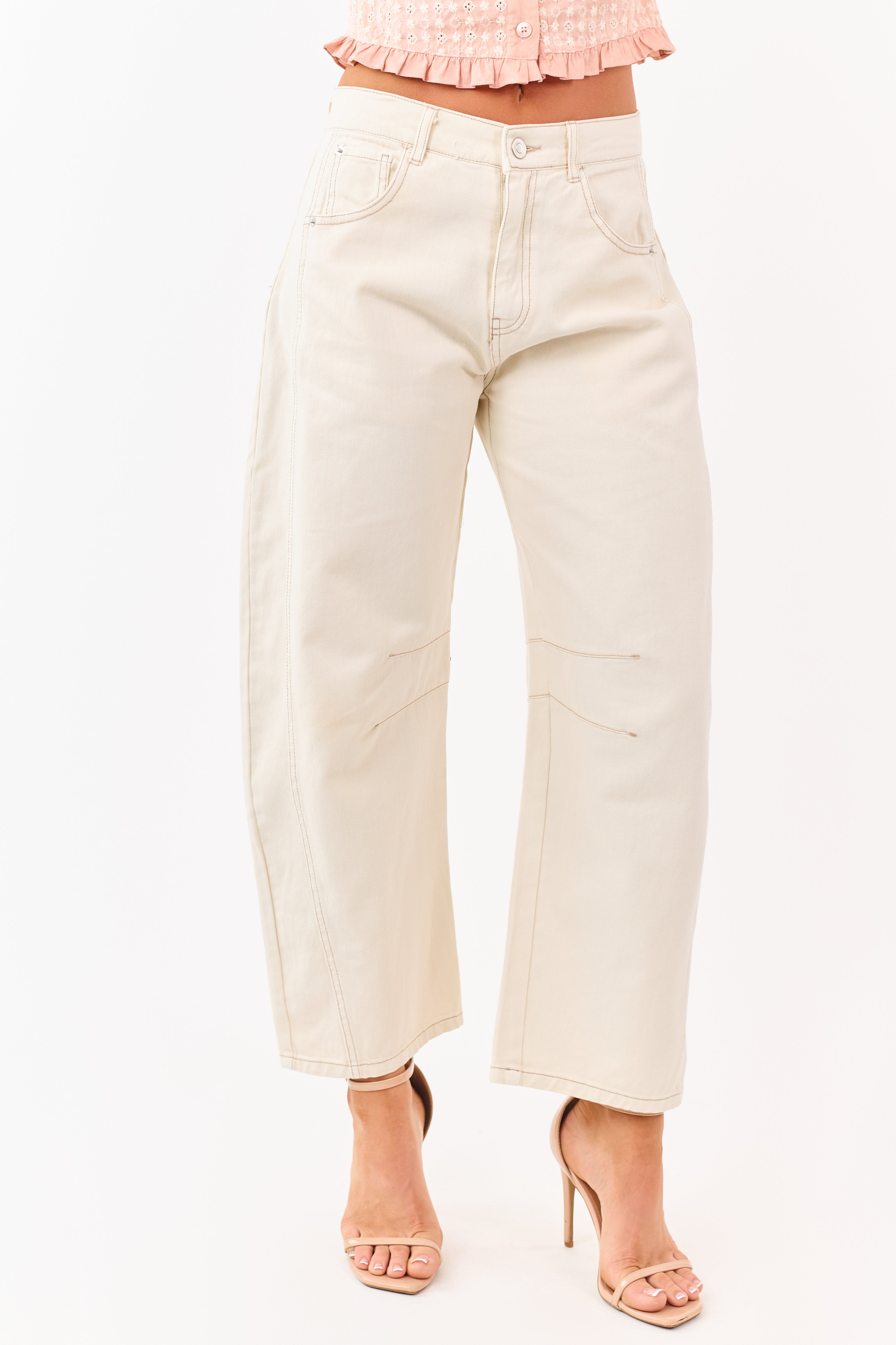 Cream High Rise Barrel Leg Cropped Length Jeans